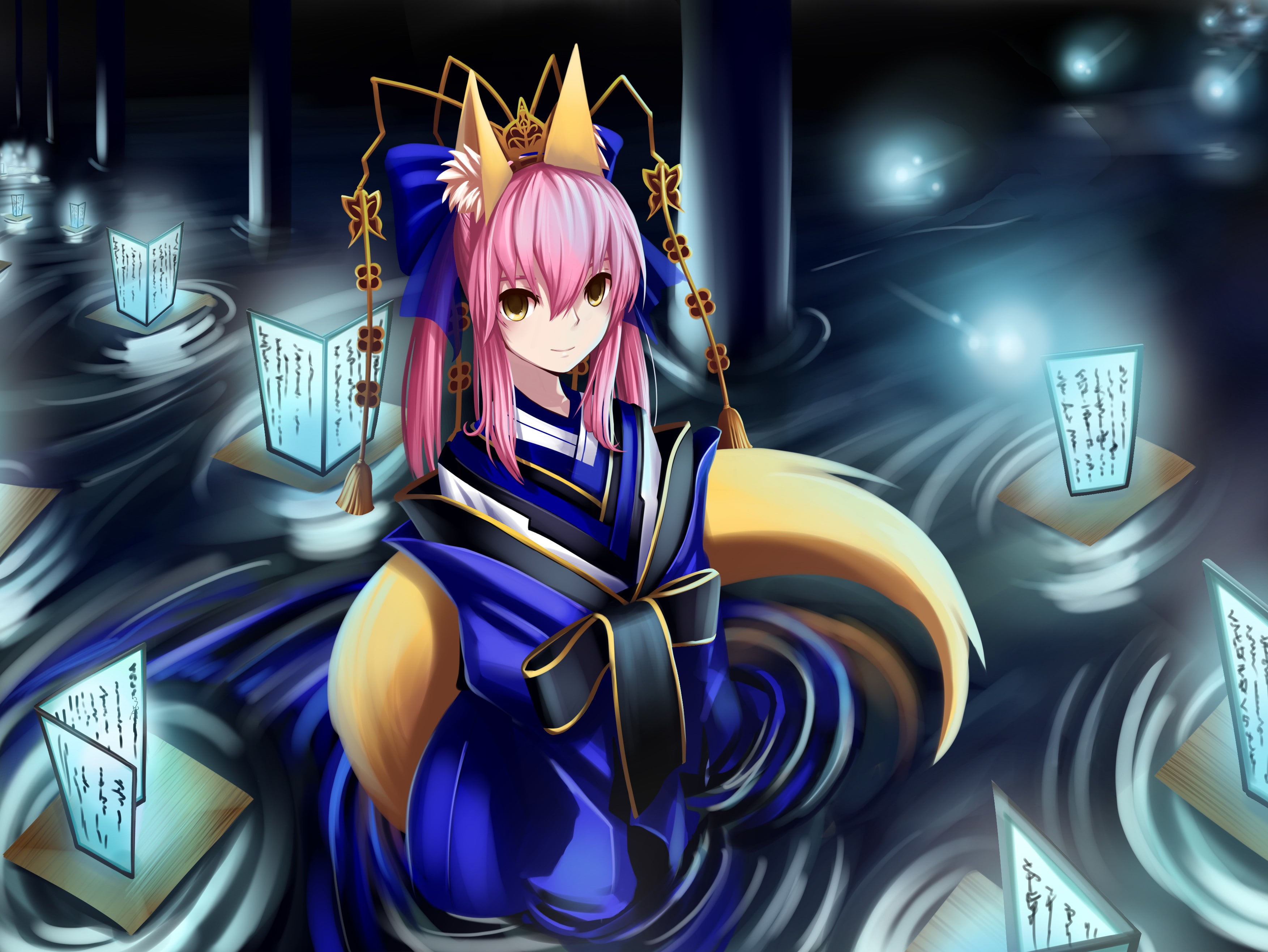 representation, craft, kitsunemimi, Fate Series, anime girls, illuminated, arts culture and entertainment, blue, decoration, celebration, male likeness, HD Wallpaper