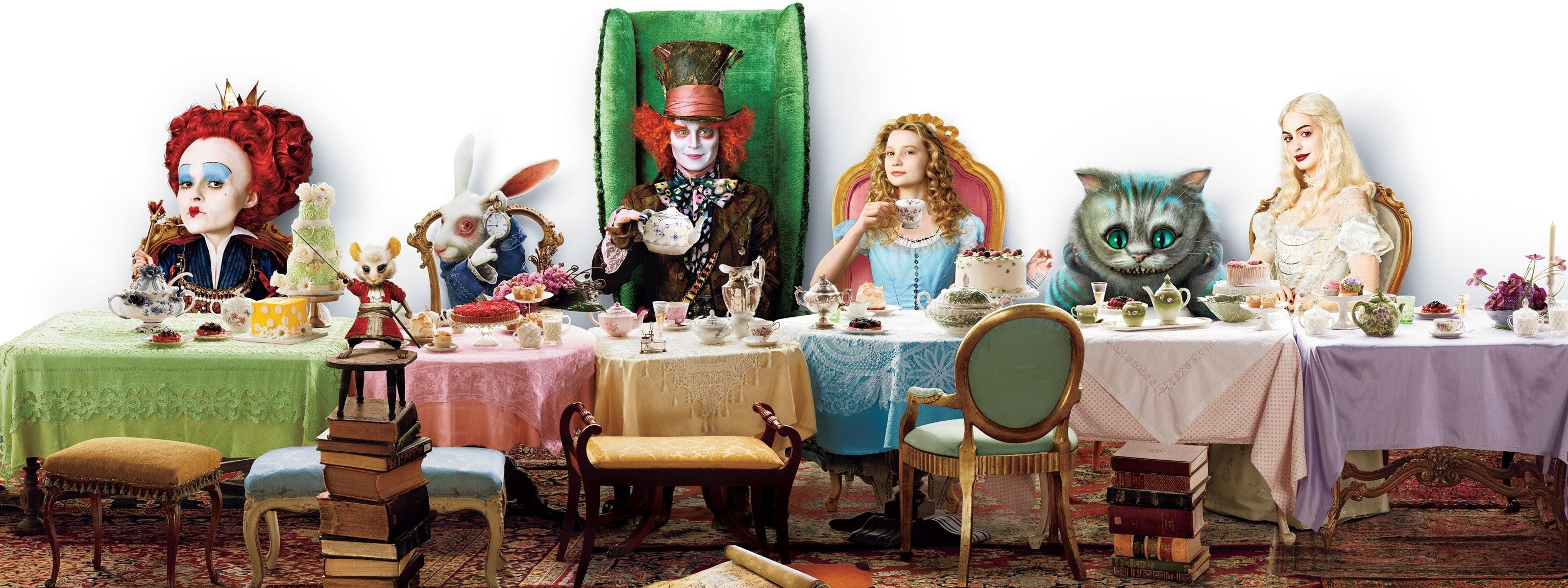 multi colored, table, representation, 2K, antique, sculpture, toy, female likeness, group of objects, Alice in Wonderland, human representation, panoramic, HD Wallpaper