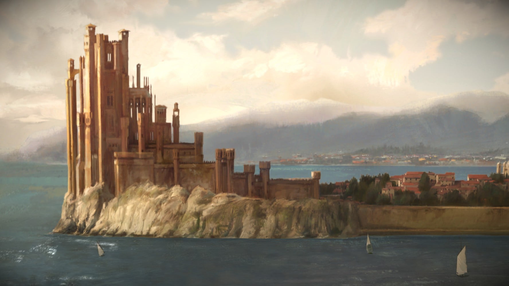 cloud - sky, outdoors, Game of Thrones, illustration, land, 720P, built structure, sea, travel destinations, building exterior, transportation, castle, HD Wallpaper