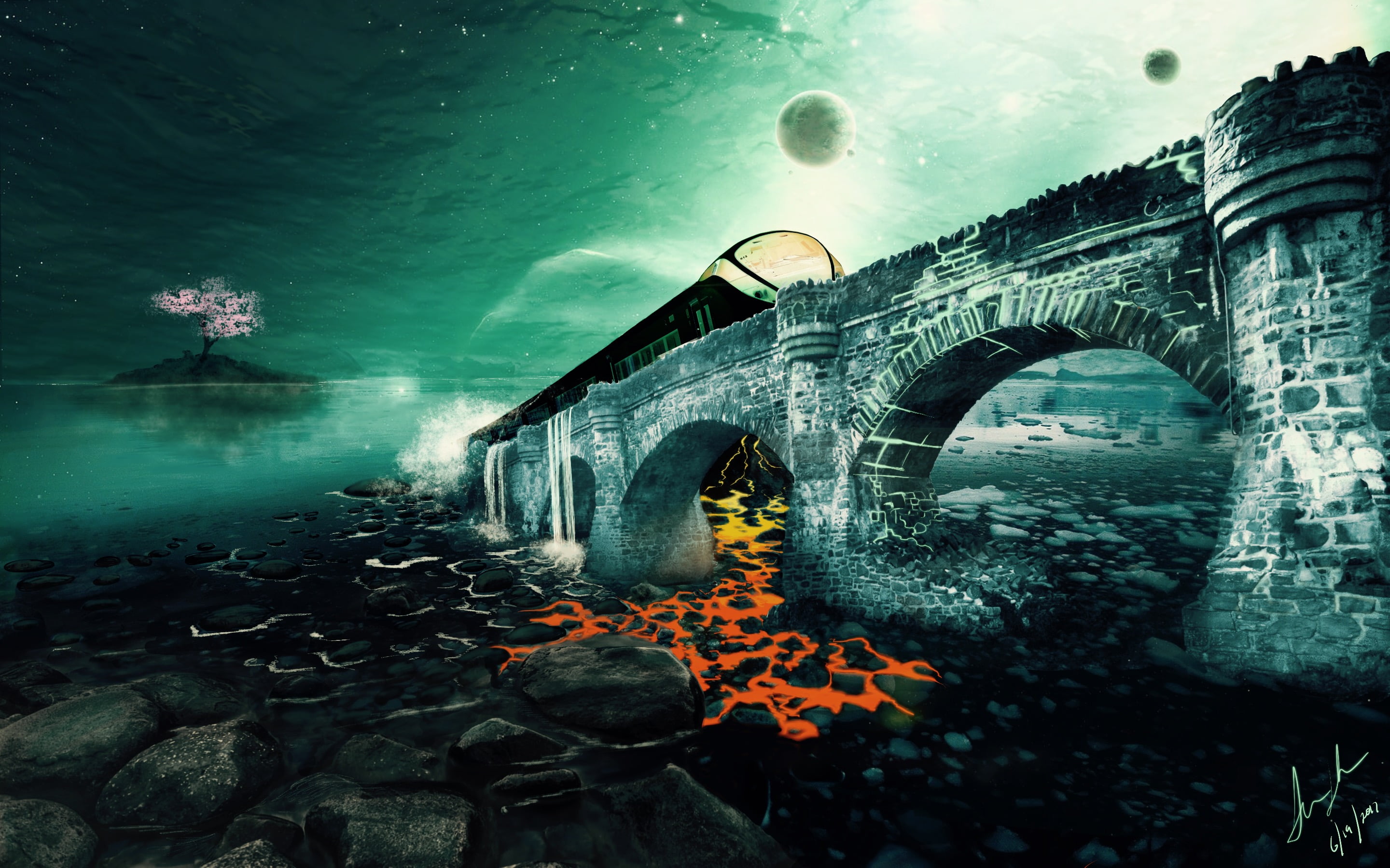 plant, lava, reflection, connection, surreal, bridge, arch, Ayn Rand, fantasy art, no people, river, transportation, outdoors, 2K, beauty in nature, arch bridge, HD Wallpaper