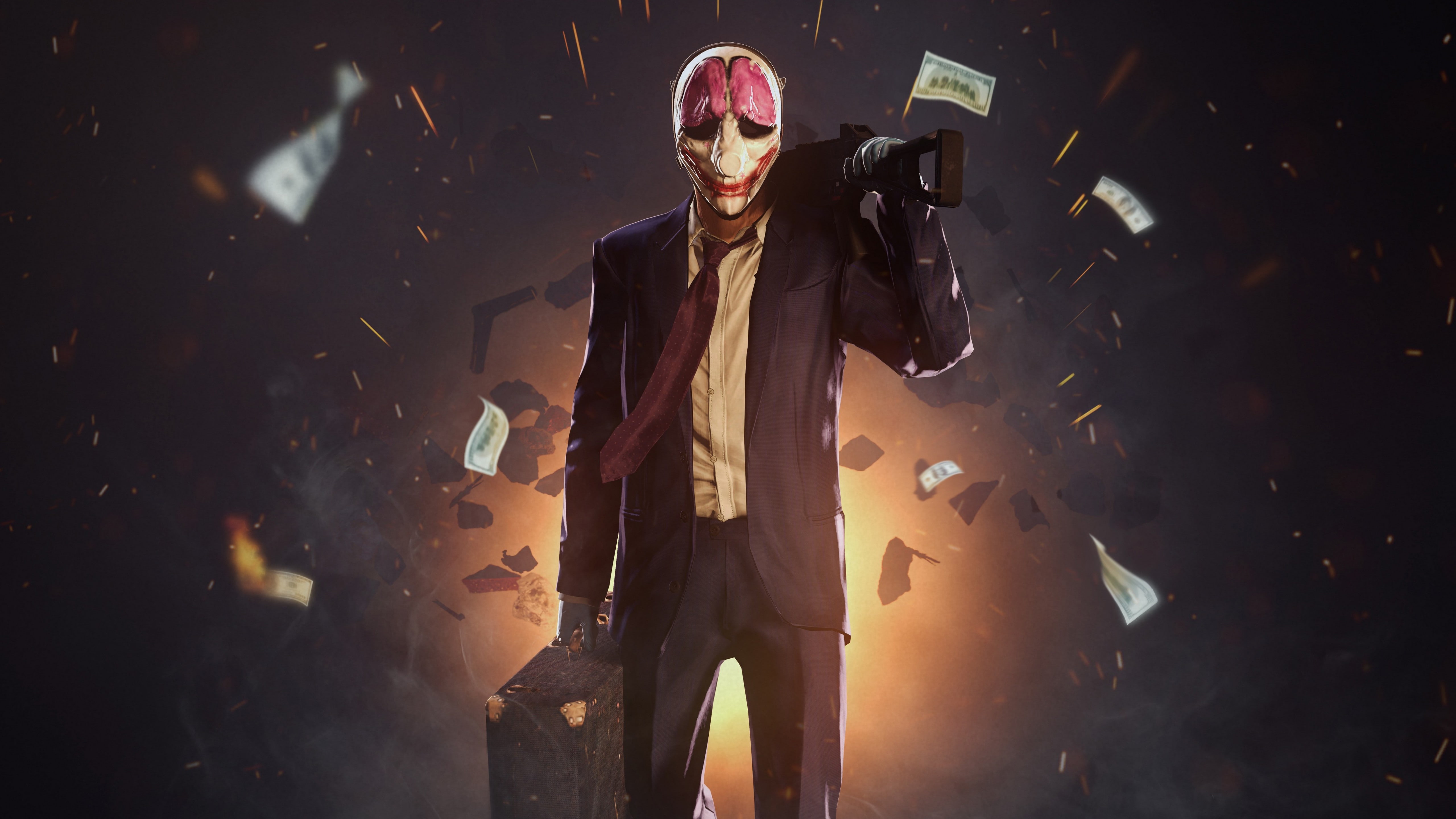 man, Payday 2, shooter, robbery, rifle, 5K, bank, Houston, wearing, game, clown, suit, mask, FPS, money, stealth, HD Wallpaper