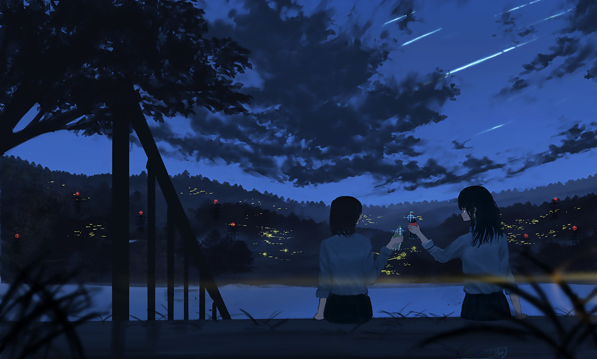 Comet, Hill, 1080P, Original, Night, Girl, Anime, HD Wallpaper