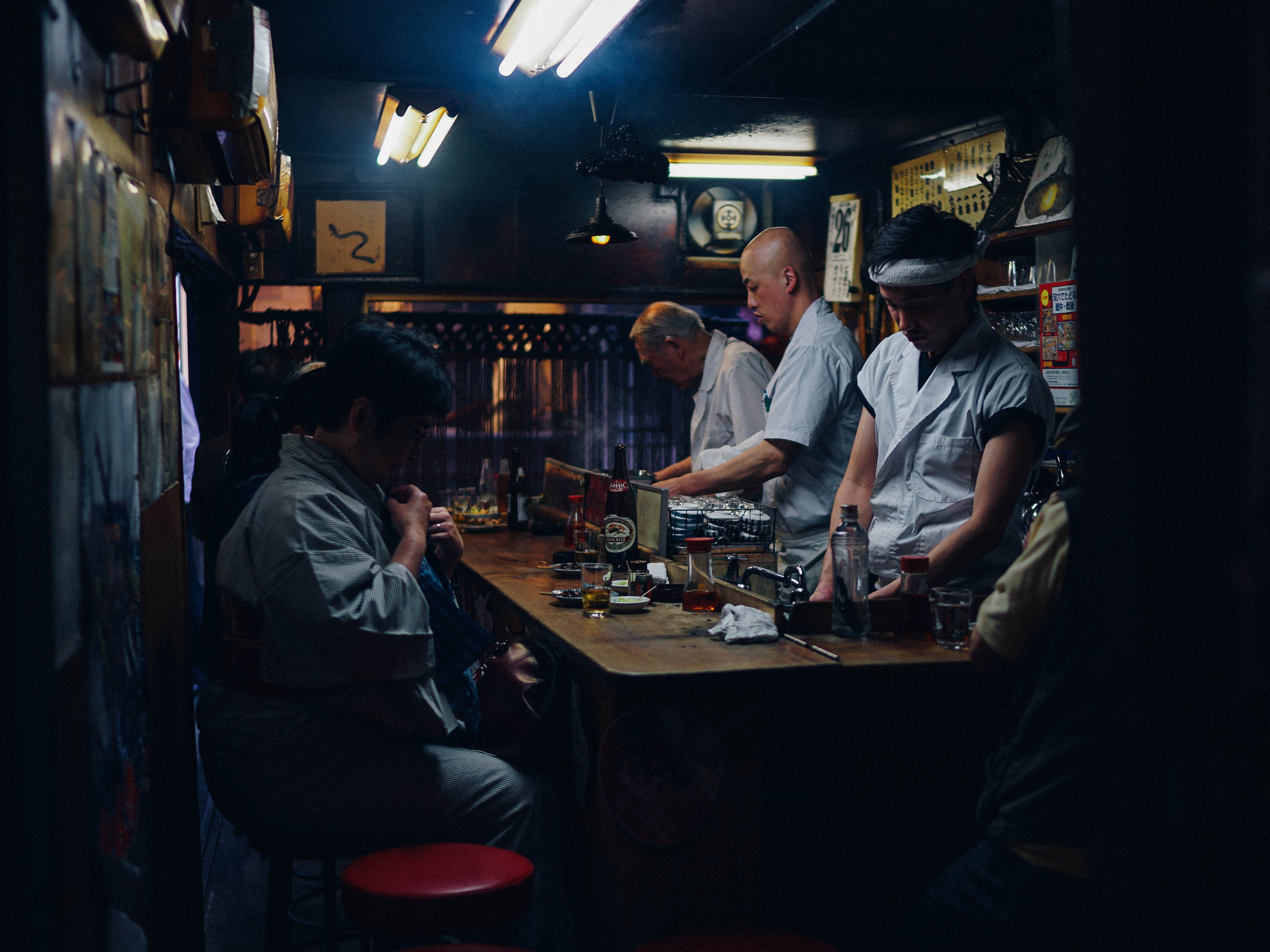 friendship, casual clothing, bar, food and drink, street, japan, bar counter, sitting, real people, refreshment, night, adult, shinjuku, occupation, indoors, HD Wallpaper