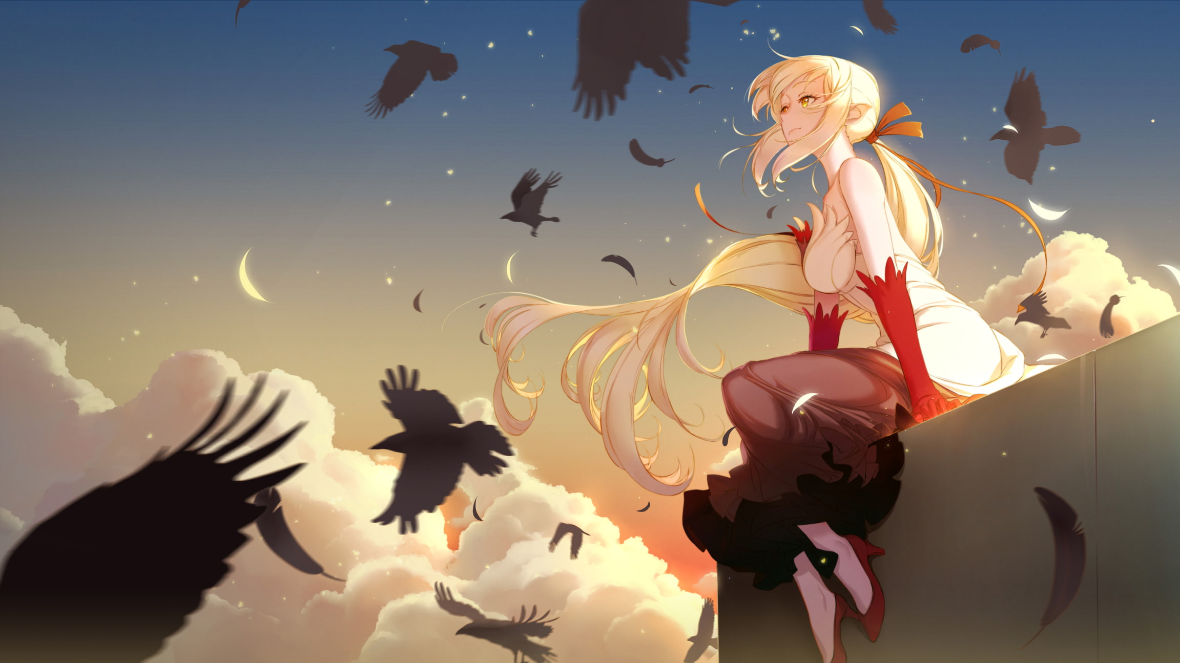 Shinobu Oshino, Long Hair, Blonde, Kiss-shot Acerola-orion Heart-under-blade, 1080P, Cloud, Bird, Sky, Kizumonogatari, Yellow Eyes, High Heels, Feather, HD Wallpaper