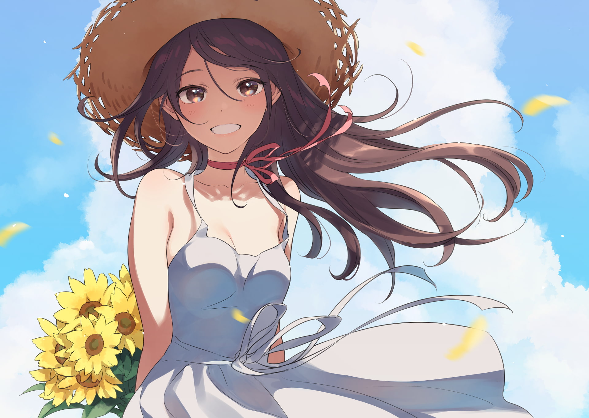 brunette, anime, long hair, red ribbon, sun dress, 1080P, white dress, anime girls, straw hat, sunflowers, HD Wallpaper