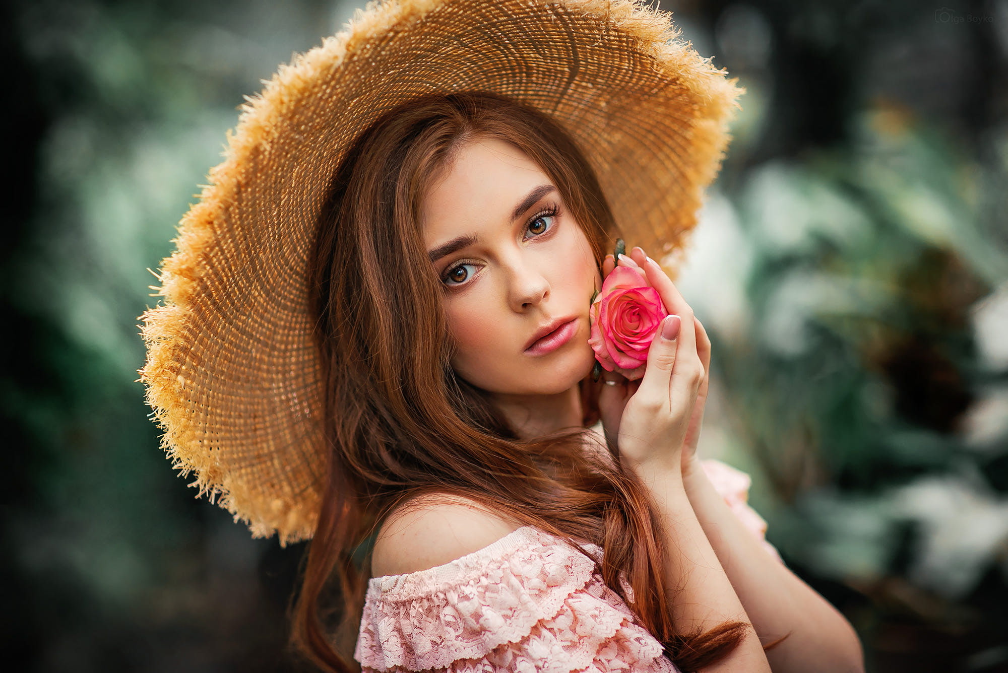 straw hat, depth of field, photography, hat, women, model, redhead, flowers, 1080P, HD Wallpaper