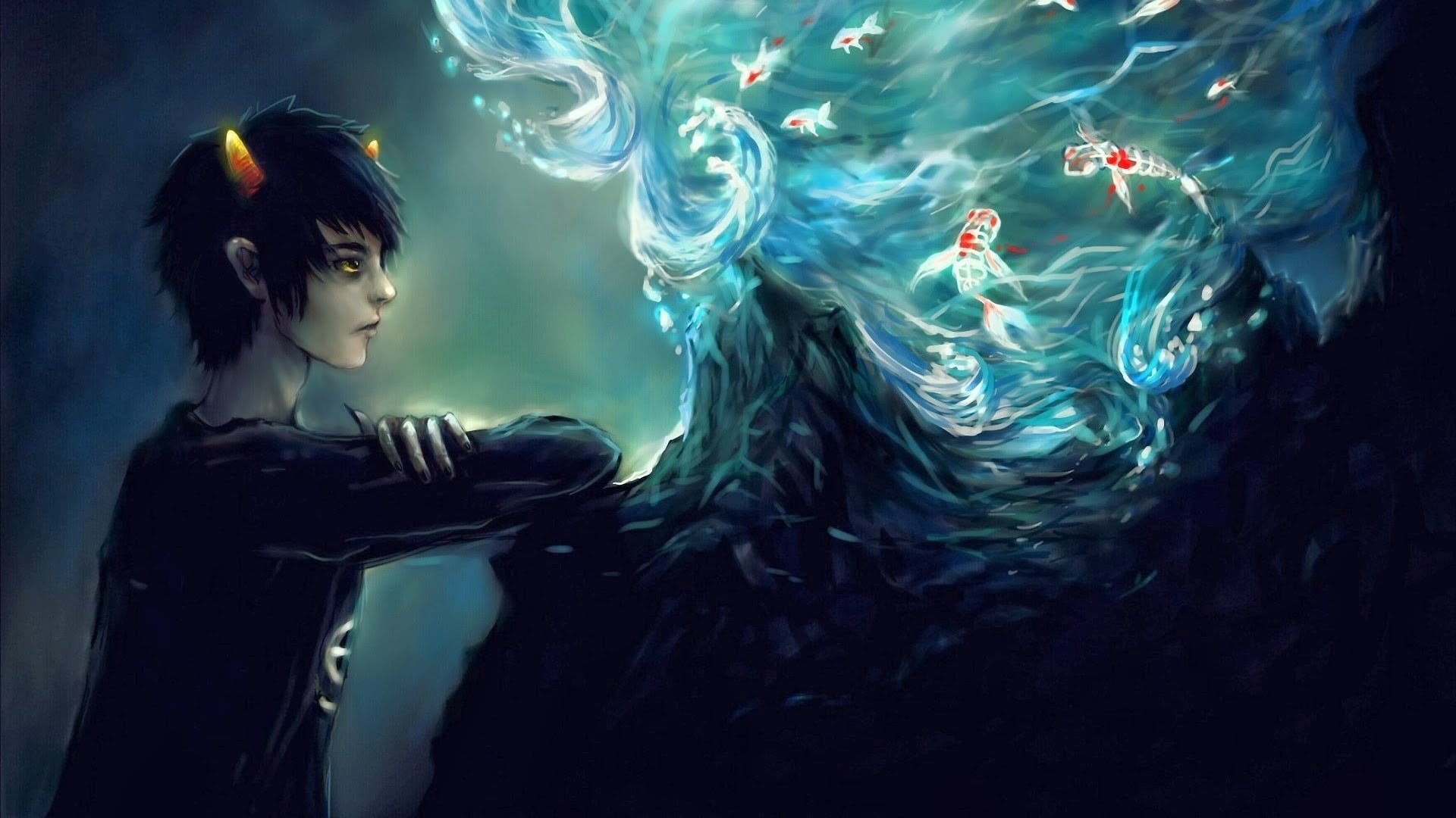 beauty, fish, women, Homestuck, one person, fantasy art, beautiful people, man, dark, hairstyle, young women, digital, studio shot, portrait, HD Wallpaper