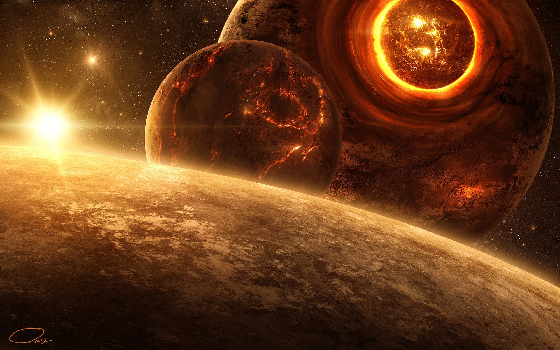 Pixelated, science fiction, galaxy, artwork, fantasy Art, Planet crash, 1080P, sun, Planes, digital art, stars, HD Wallpaper