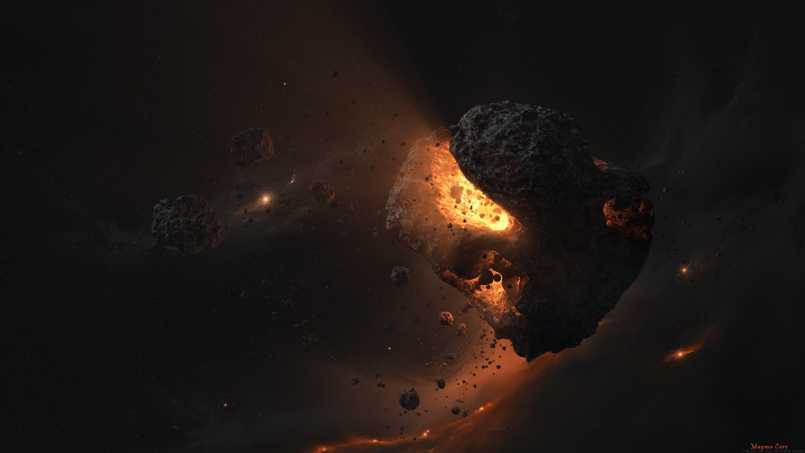 planet, fantasy Art, Lights, science fiction, Planet crash, 2K, digital art, Asteroid, artwork, HD Wallpaper