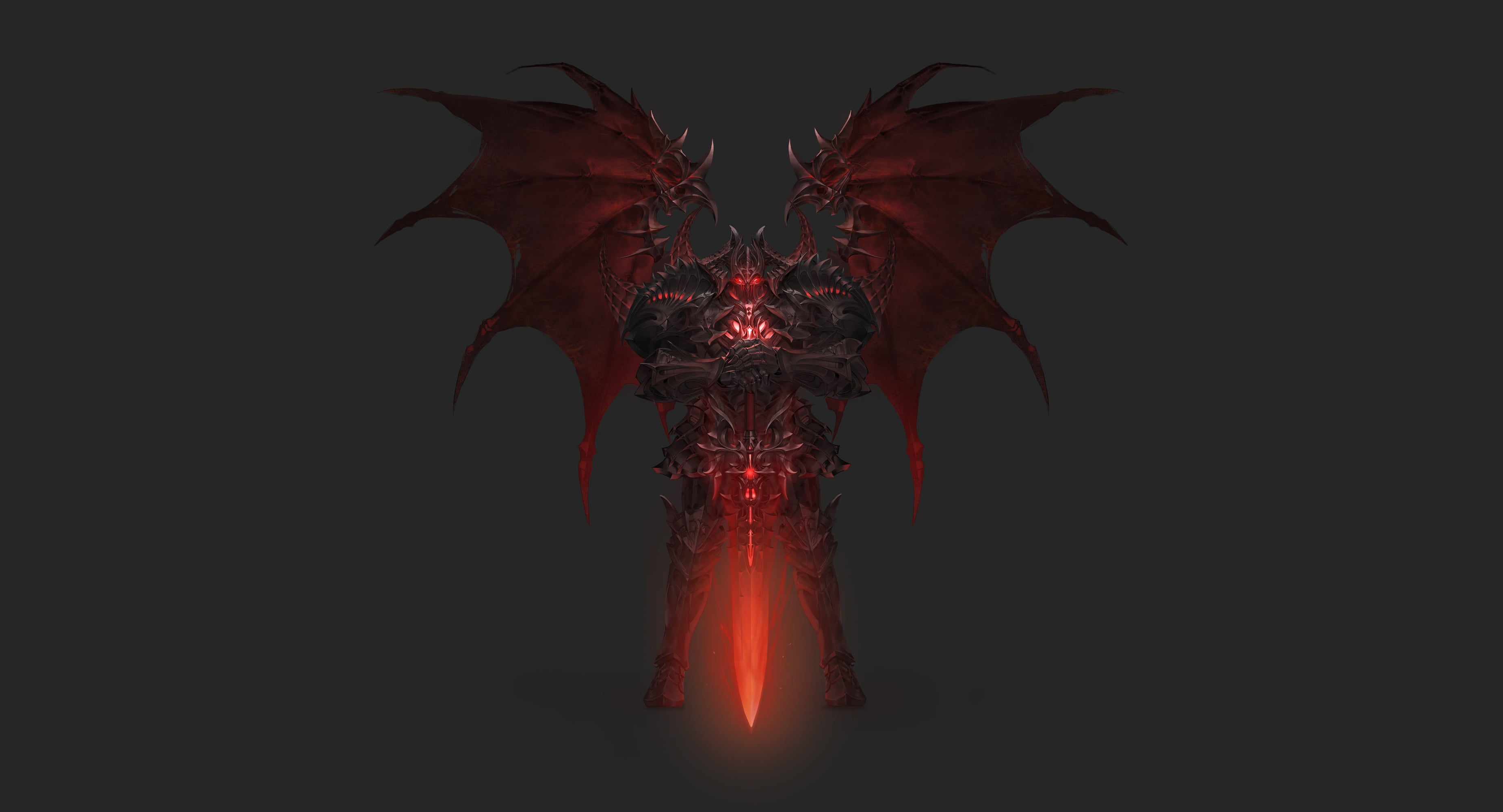 2K, MU ORIGIN illust, Minimalism, Art, Style, Daeho Cha, Characters, Sword, Demon, Fantasy, Armor, Wings, HD Wallpaper