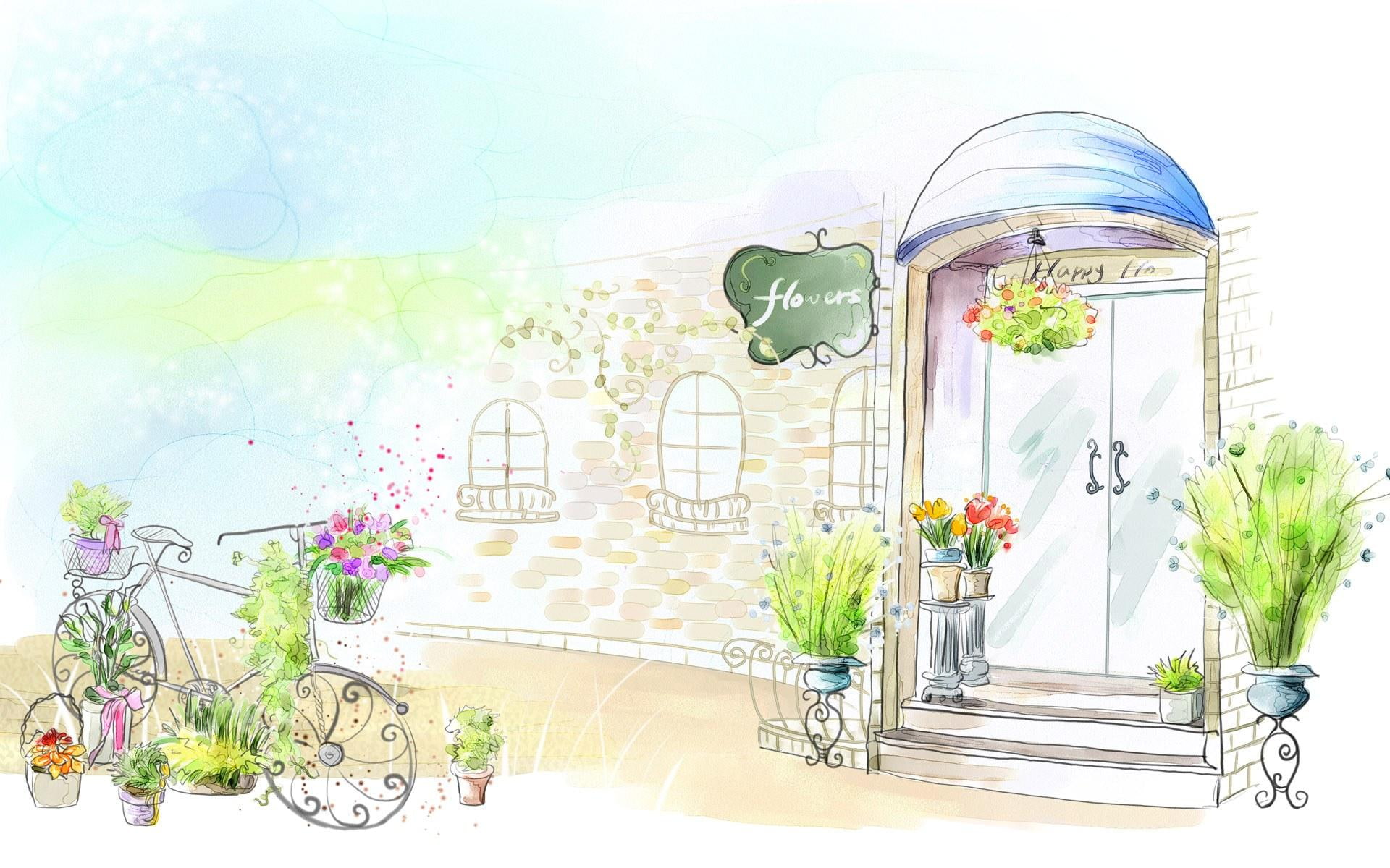 cartoons, 1080P, flowers, 3d and abstract, bike, shop, illustation, HD Wallpaper