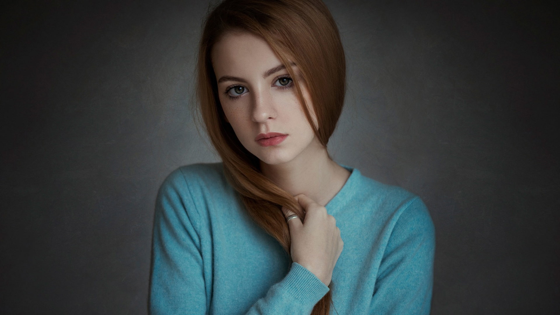 blue sweater, women, portrait, looking at camera, model, young adult, photography, headshot, blue eyes, looking at viewer, freckles, contemplation, hairstyle, HD Wallpaper