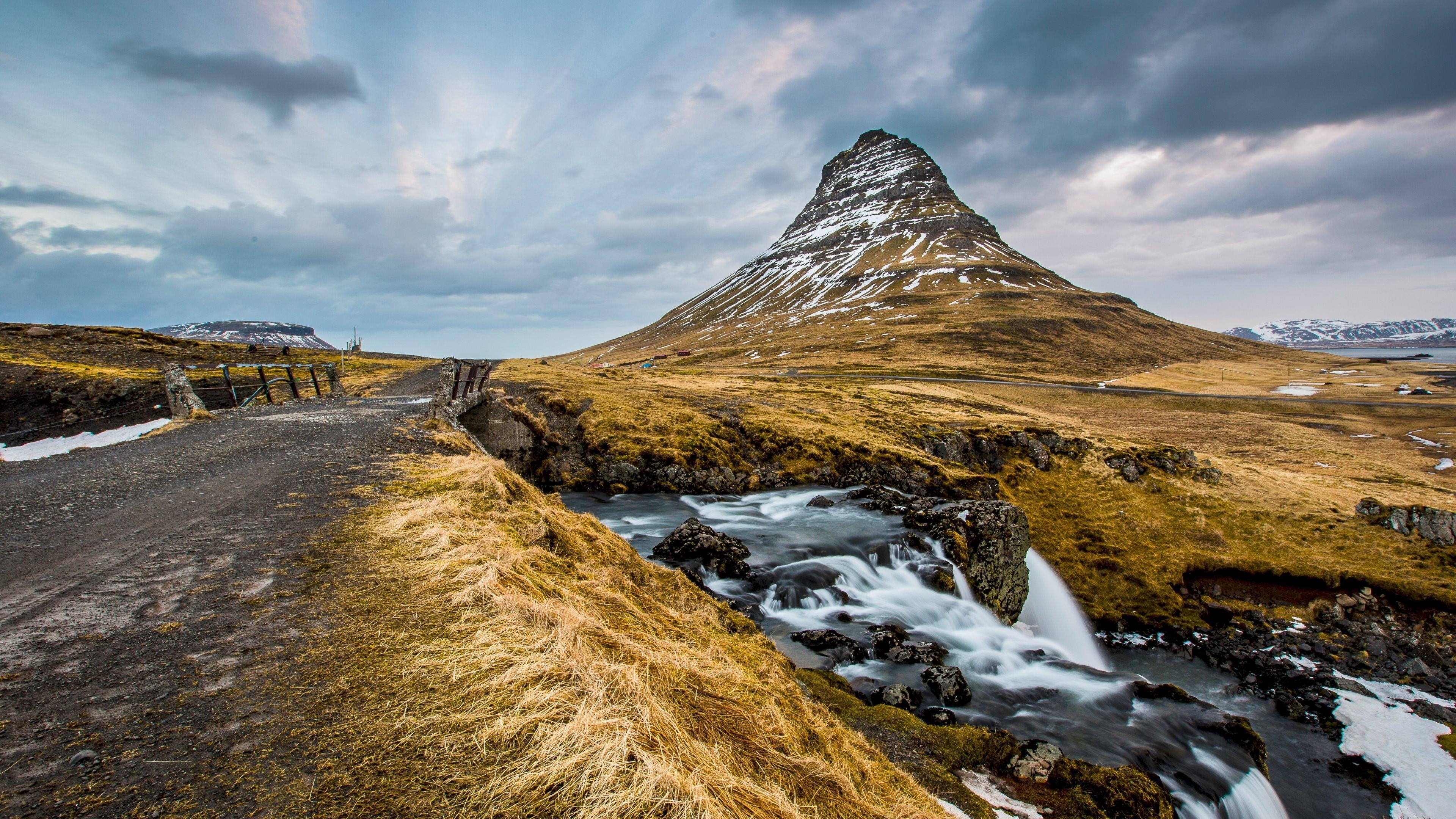 plant, stream - flowing water, land, snow, cascade, outdoors, 4K, grass, grundarfjorour, landscape, iceland, hill, scenics - nature, environment, kirkjufell, HD Wallpaper