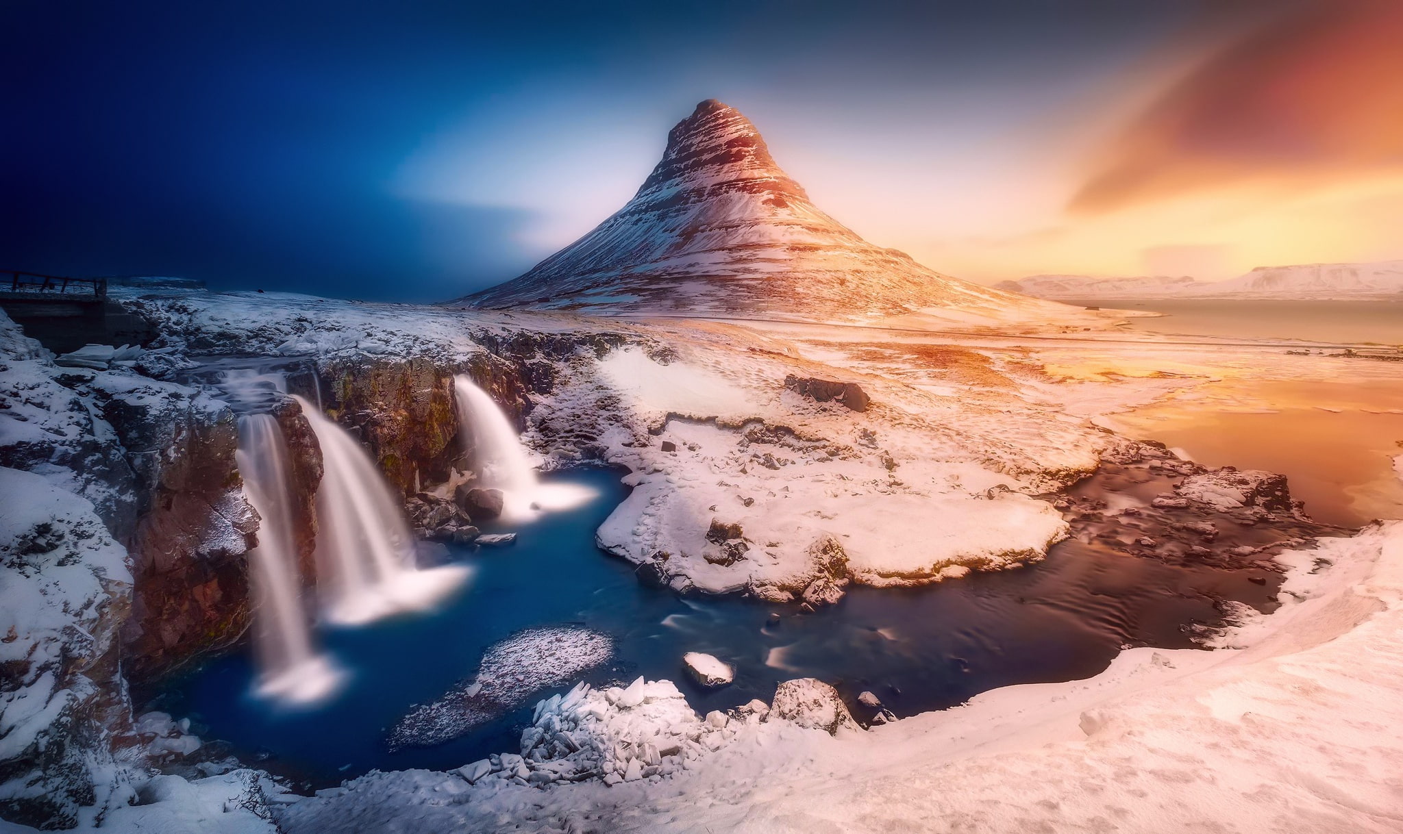 snow, mountain Kirkjufell, waterfalls, rocks, water, river, Iceland, light, stones, 1080P, winter, HD Wallpaper
