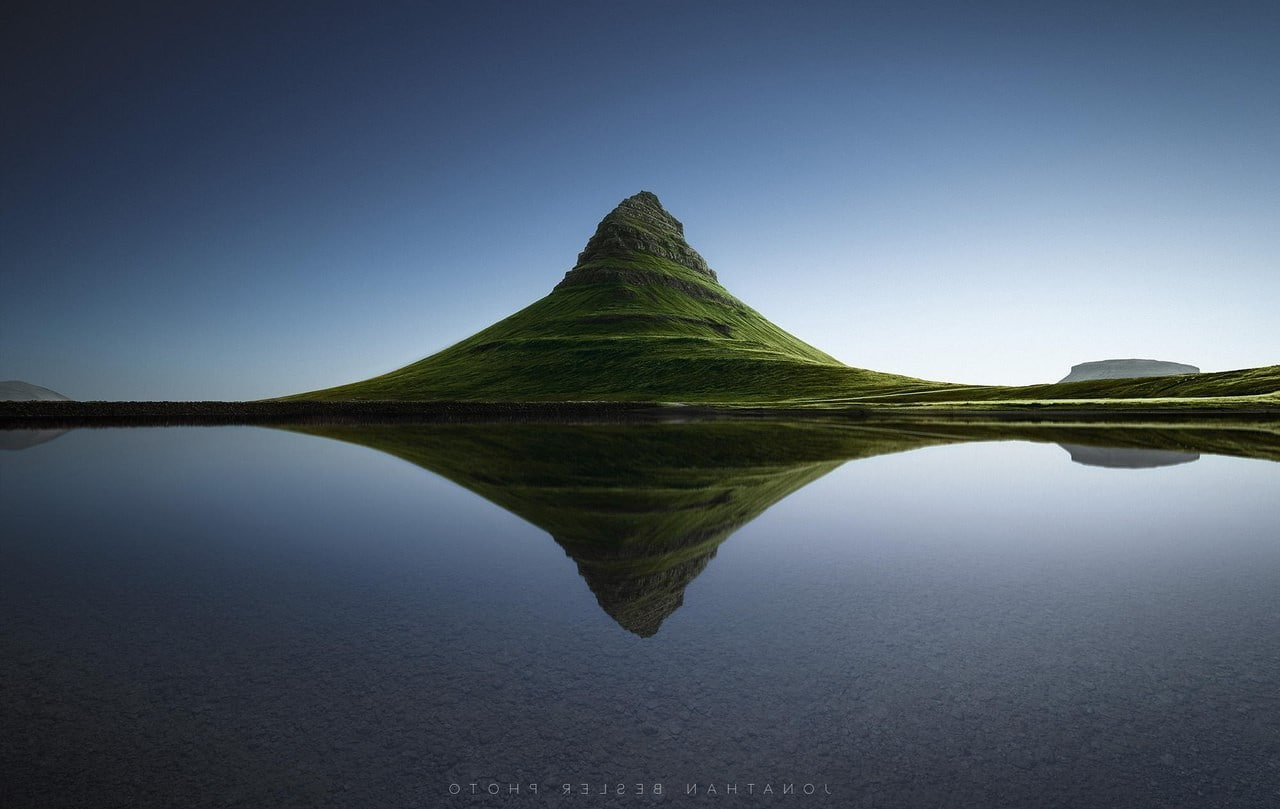 copy space, sky, Clear Sky, Kirkjufell, mountain, tranquil scene, lake, no people, plant, nature, outdoors, Green, environment, water, shadow, reflection, HD Wallpaper