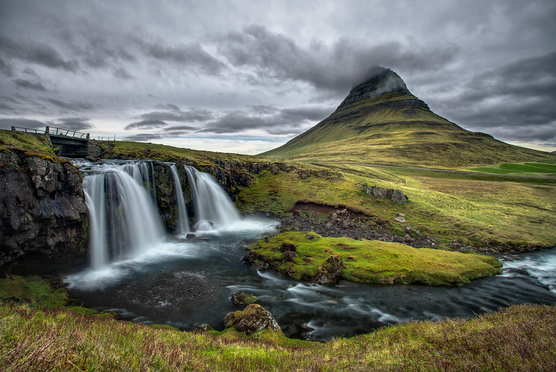 non-urban scene, Kirkjufell, mountain, nature, 1080P, waterfall, flowing water, the sky, outdoors, stream - flowing water, scenics - nature, cloud - sky, HD Wallpaper
