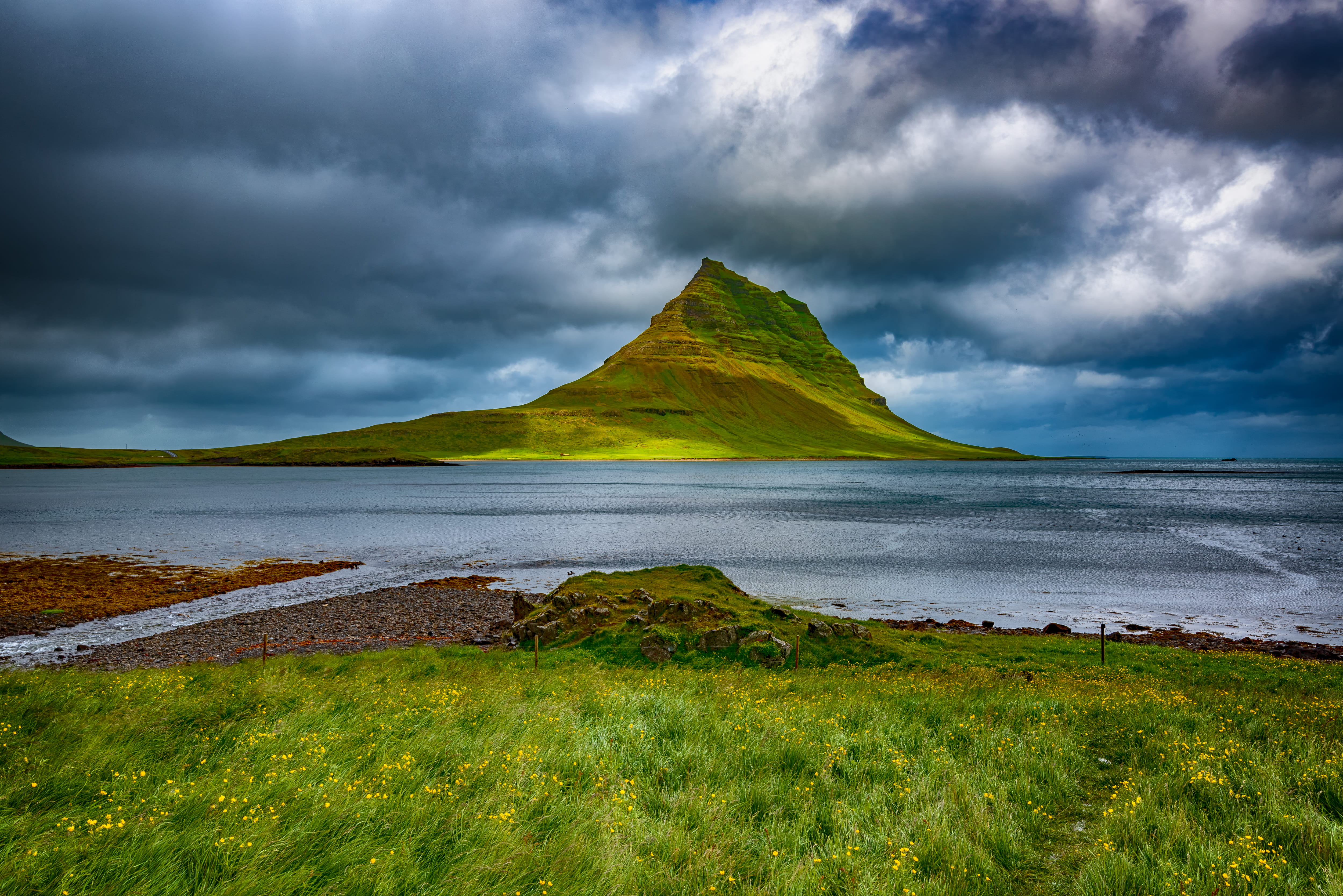 iceland, land, outdoors, mountain, no people, dramatic sky, dramatic landscape, water, kirkjufell, summer, ocean, storm, plant, nature, tranquility, 4K, HD Wallpaper
