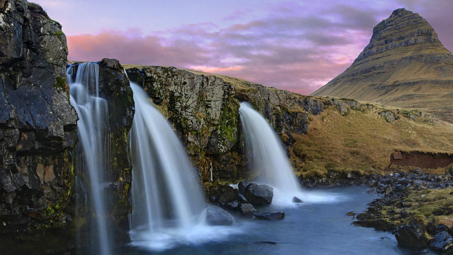 nature, iceland, travel destinations, grundarfjorour, land, kirkjufell, flowing water, motion, water, flowing, stream - flowing water, no people, kirkjufell mountain, HD Wallpaper