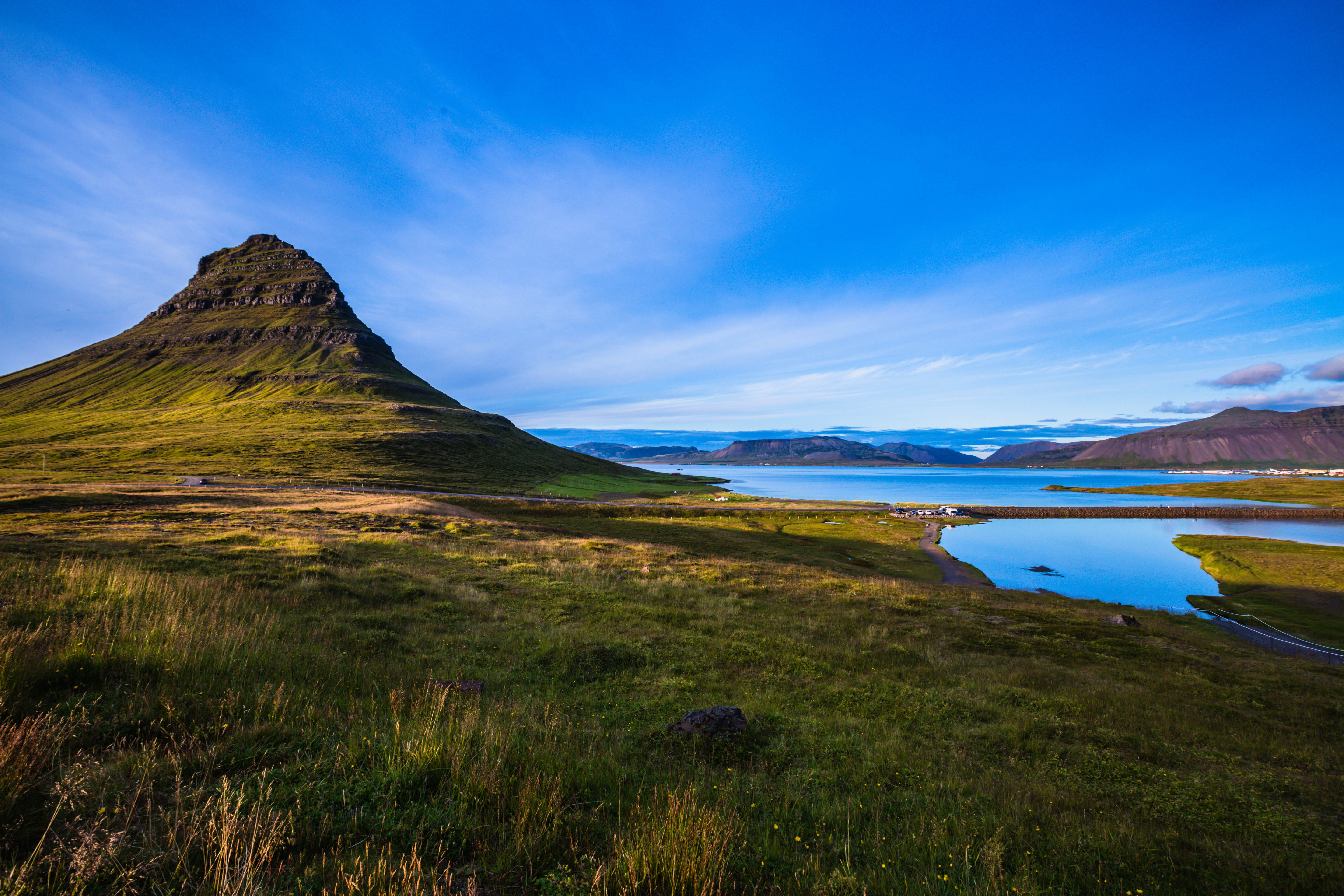 mountain peak, water, outdoors, environment, mountain, grass, cloud - sky, landscape, land, sky, tranquility, plant, blue, scenics - nature, non-urban scene, HD Wallpaper