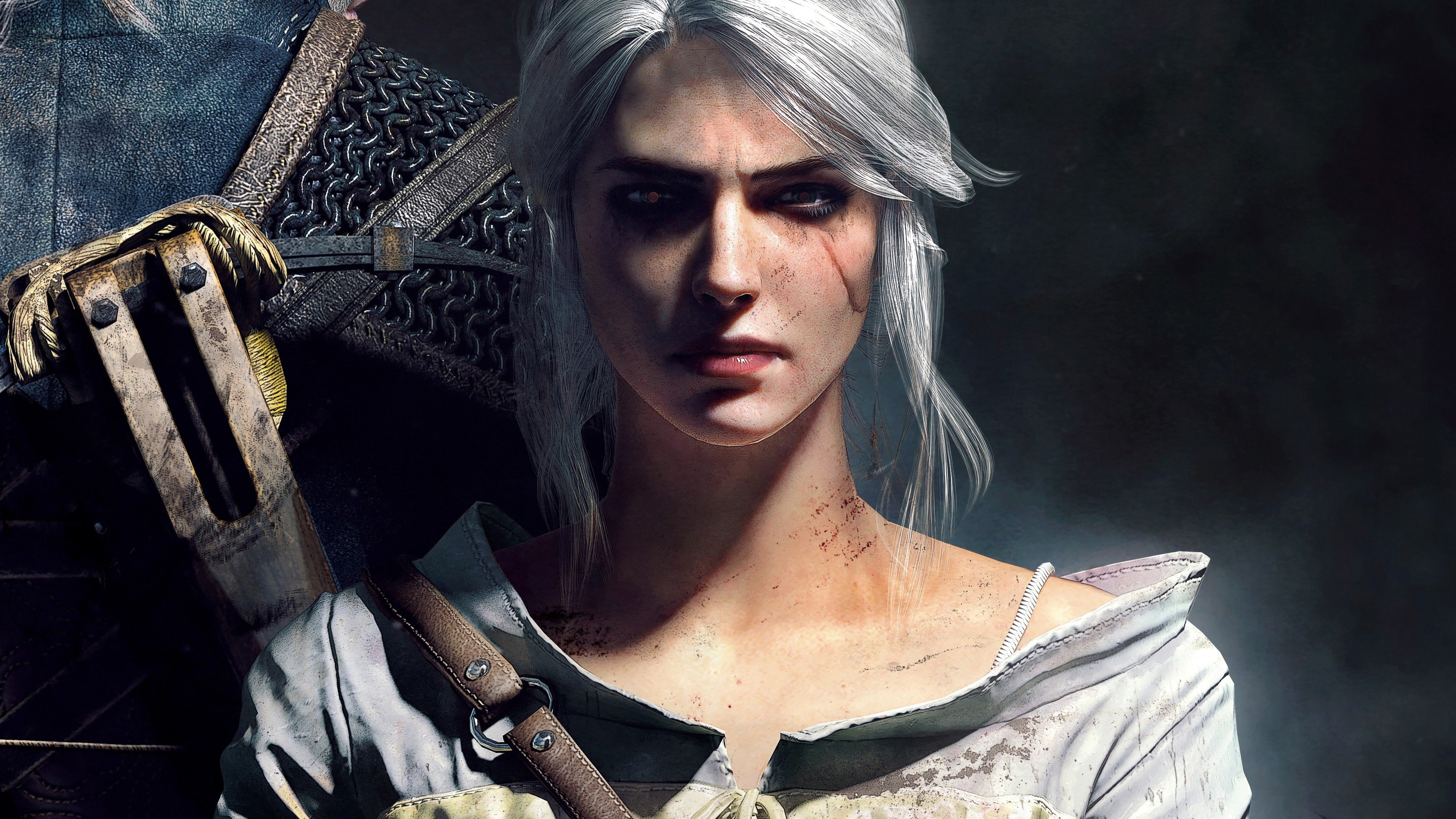 young adult, Witcher, hair, fantasy, 3840x2160 px, emotion, Hunt, sadness, black background, portrait, warrior, headshot, 4K, wild, front view, negative emotion, HD Wallpaper