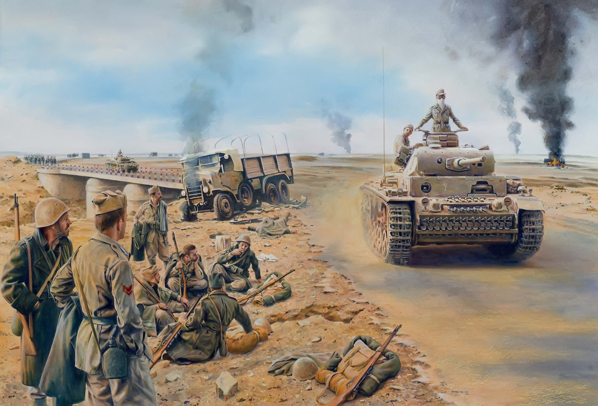 tank, container, land vehicle, cloud - sky, men, occupation, two people, 1080P, smoke - physical structure, Africa, mode of transportation, soldiers, nature, HD Wallpaper