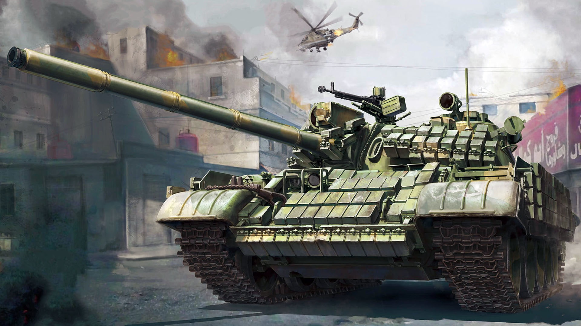 T-55АМВ, figure, 1080P, Soviet medium tank, hinged dynamic protection, war, fighting, Mi-24, HD Wallpaper