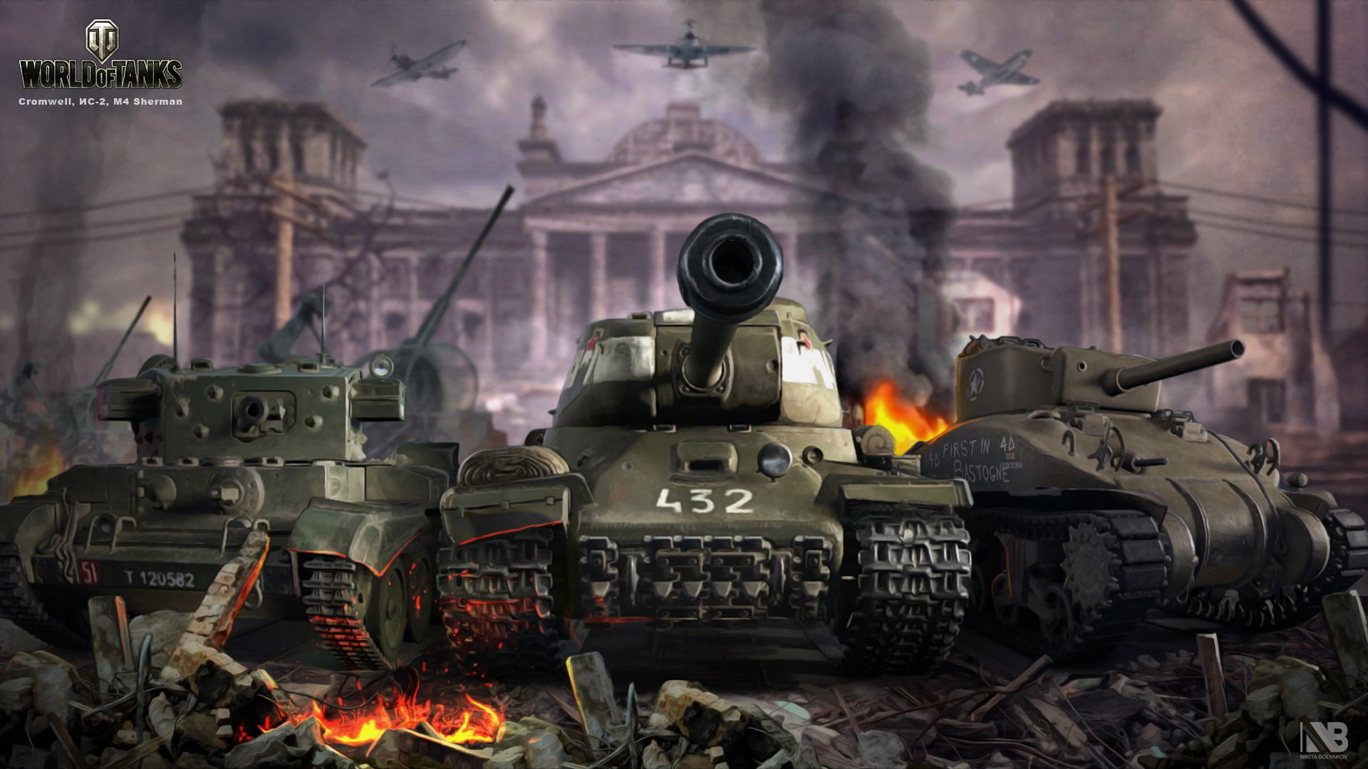 Cromwell, M4 Sherman, 1080P, flame, ruins, communication, art, fire - natural phenomenon, security, day, World of Tanks, The Reichstag, military, world, HD Wallpaper