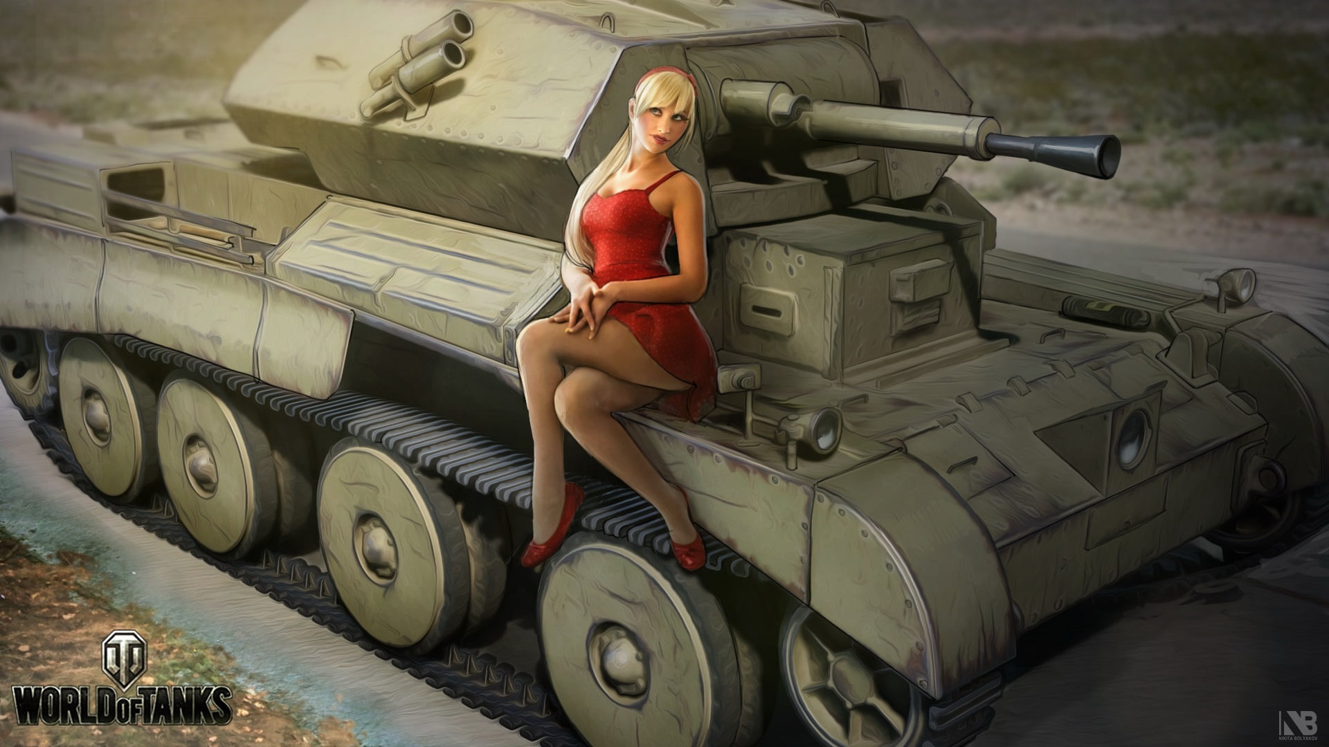girl, easy, Cruiser III, art, British, tank, blonde, Nikita Bolyakov, dress, World of Tanks, figure, in red, 1080P, HD Wallpaper
