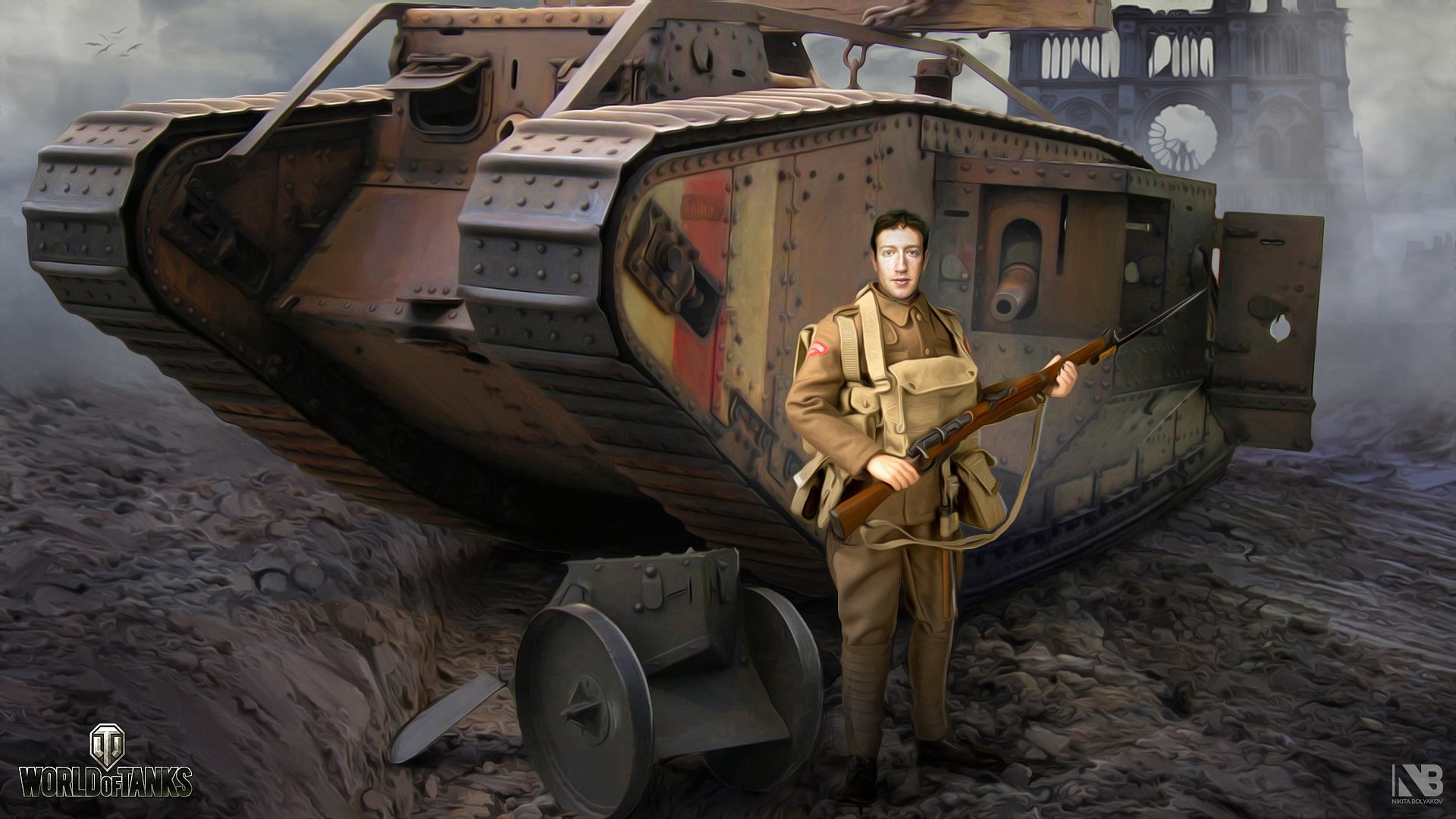 heavy, soldiers, tank, art, British, World of Tanks, Mark, The first world war, equipment, 1080P, weapons, rifle, figure, Nikita Bolyakov, HD Wallpaper