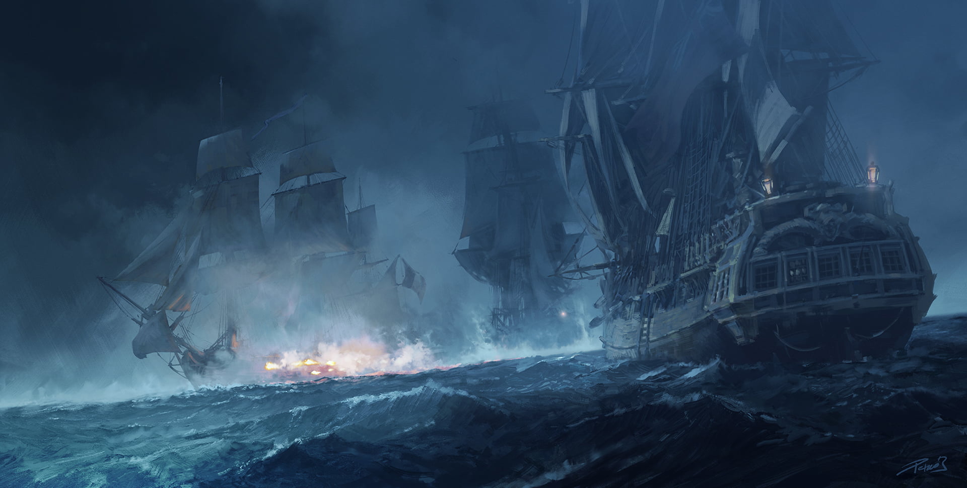 pirates, 3d design, ship, cannons, 1080P, ocean battle, HD Wallpaper