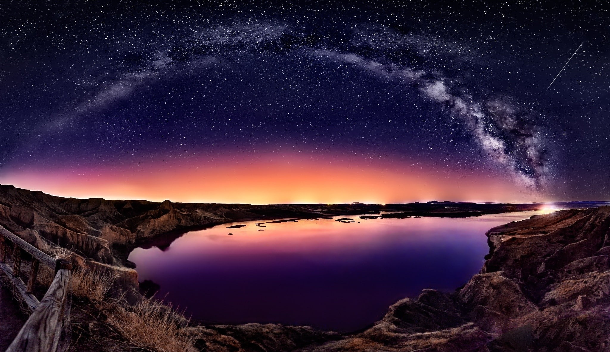 starry night, fence, comet, nature, 1080P, water, long exposure, landscape, galaxy, Milky Way, coast, bay, HD Wallpaper