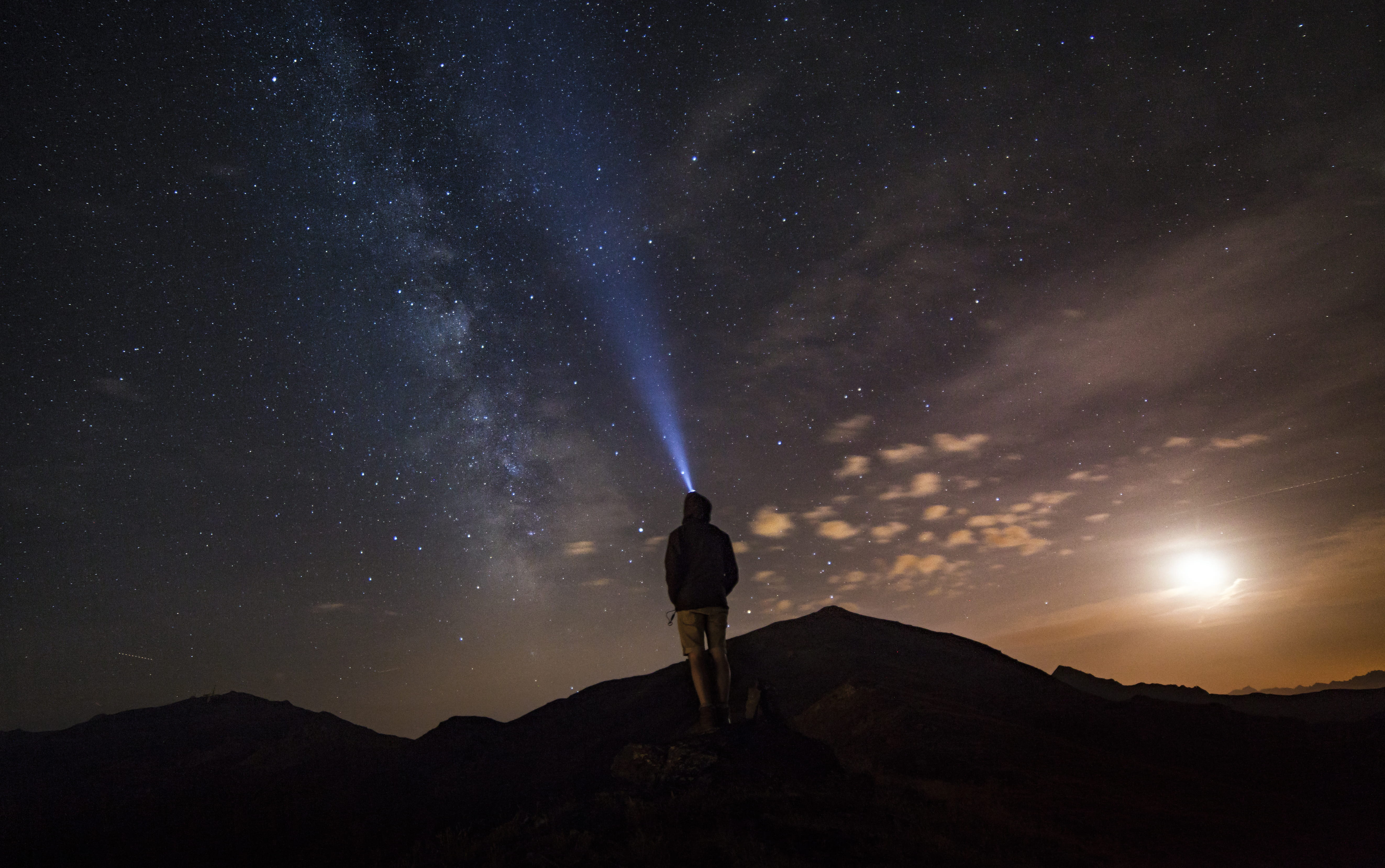peak, astronomy, starry sky, 5K, flashlight, leisure activity, comet, france, standing, scenics - nature, sky, space and astronomy, one person, star - space, HD Wallpaper