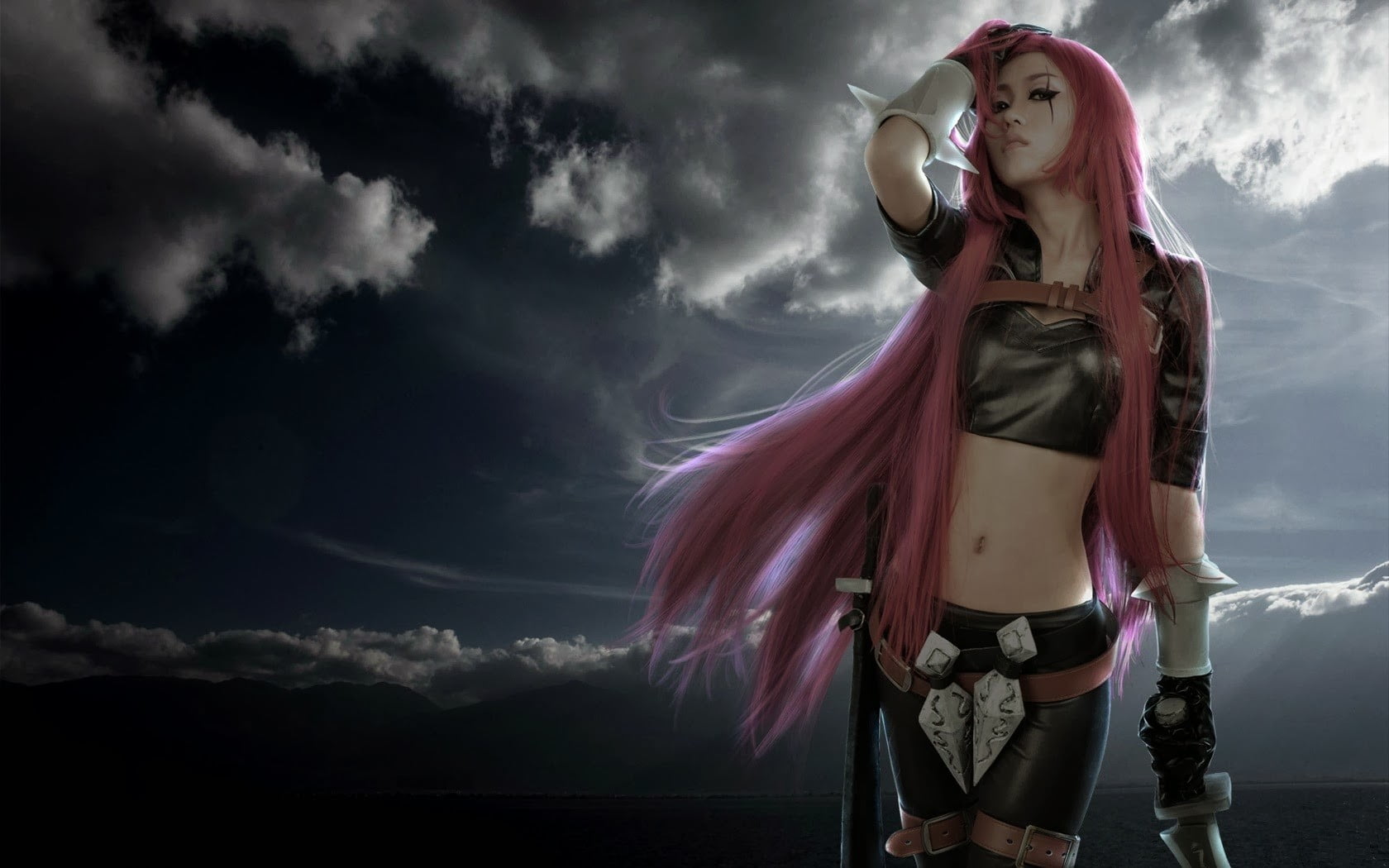 cloud - sky, katarina (league of legends), young adult, storm, nature, beauty, beauty in nature, cosplay, young women, women, model, hair, scarf, standing, HD Wallpaper