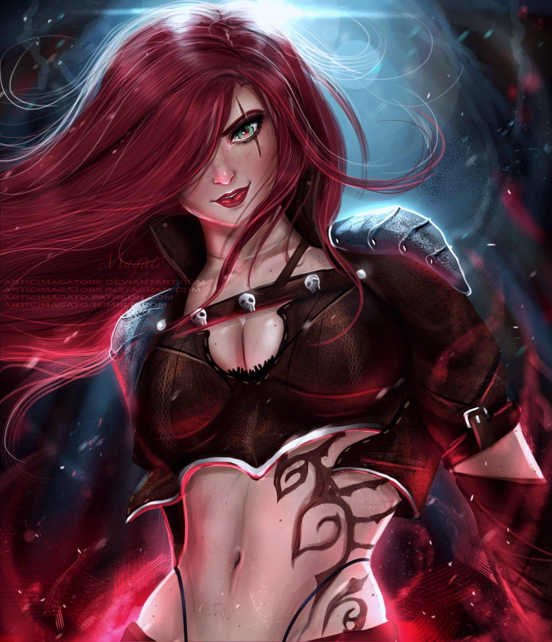 katarina (league of legends), long hair, hair, beautiful woman, women, beauty, three quarter length, redhead, League of Legends, red, adult, fashion, body paint, Phone HD Wallpaper