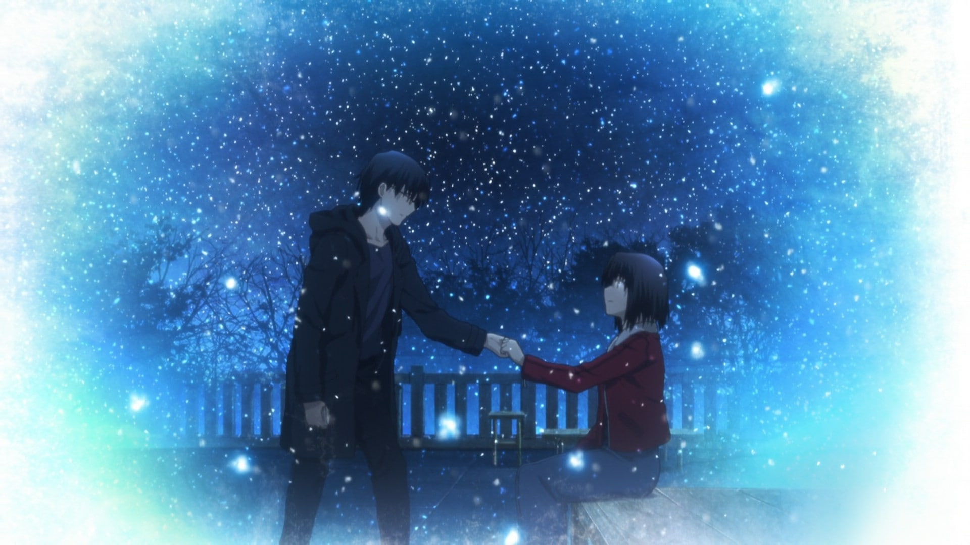 1080P, togetherness, Kara no Kyoukai, adult, snow, businessman, snowing, business person, digital composite, standing, full length, blue background, two people, HD Wallpaper