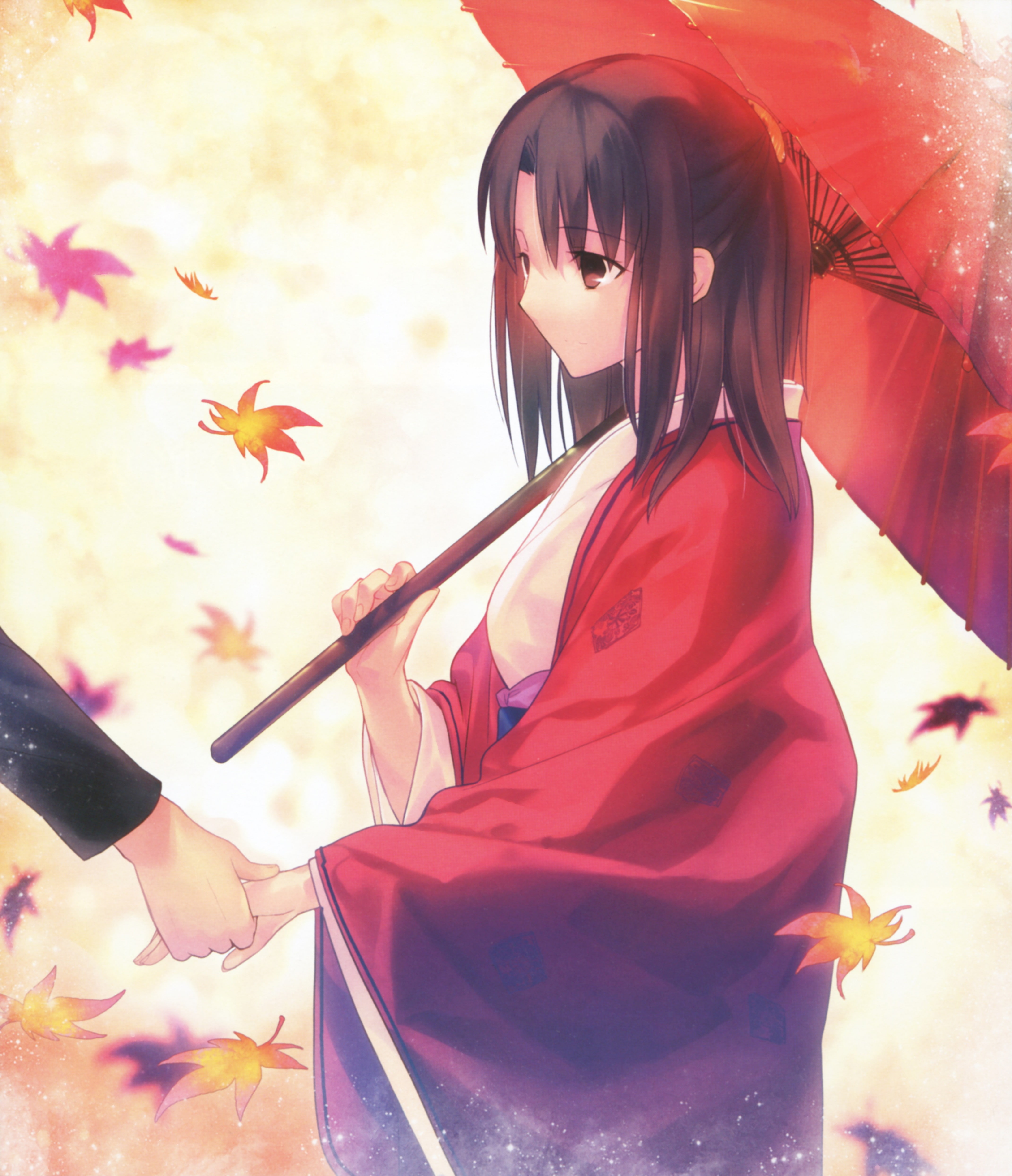plant, outdoors, Type-Moon, autumn, lifestyles, umbrella, anime, fashion, Ryougi Shiki, nature, clothing, beauty, hairstyle, adult, Takeuchi Takashi, young adult, Phone HD Wallpaper