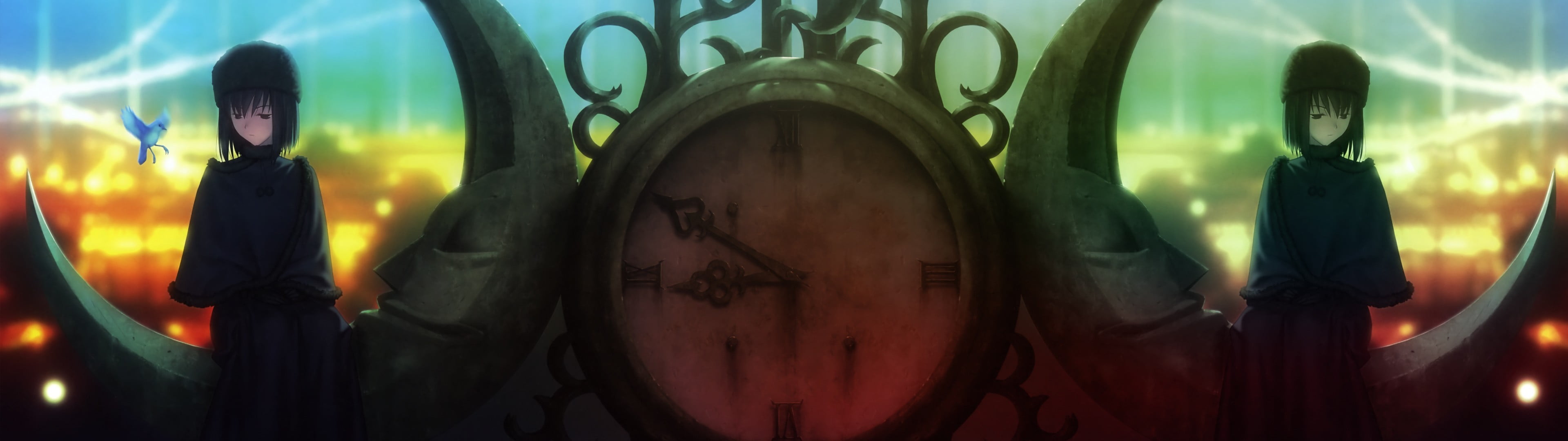 Type-Moon, clock, the past, shape, haired, built structure, 4K, Takeuchi Takashi, glass - material, close-up, window, history, black, girl, indoors, business, HD Wallpaper