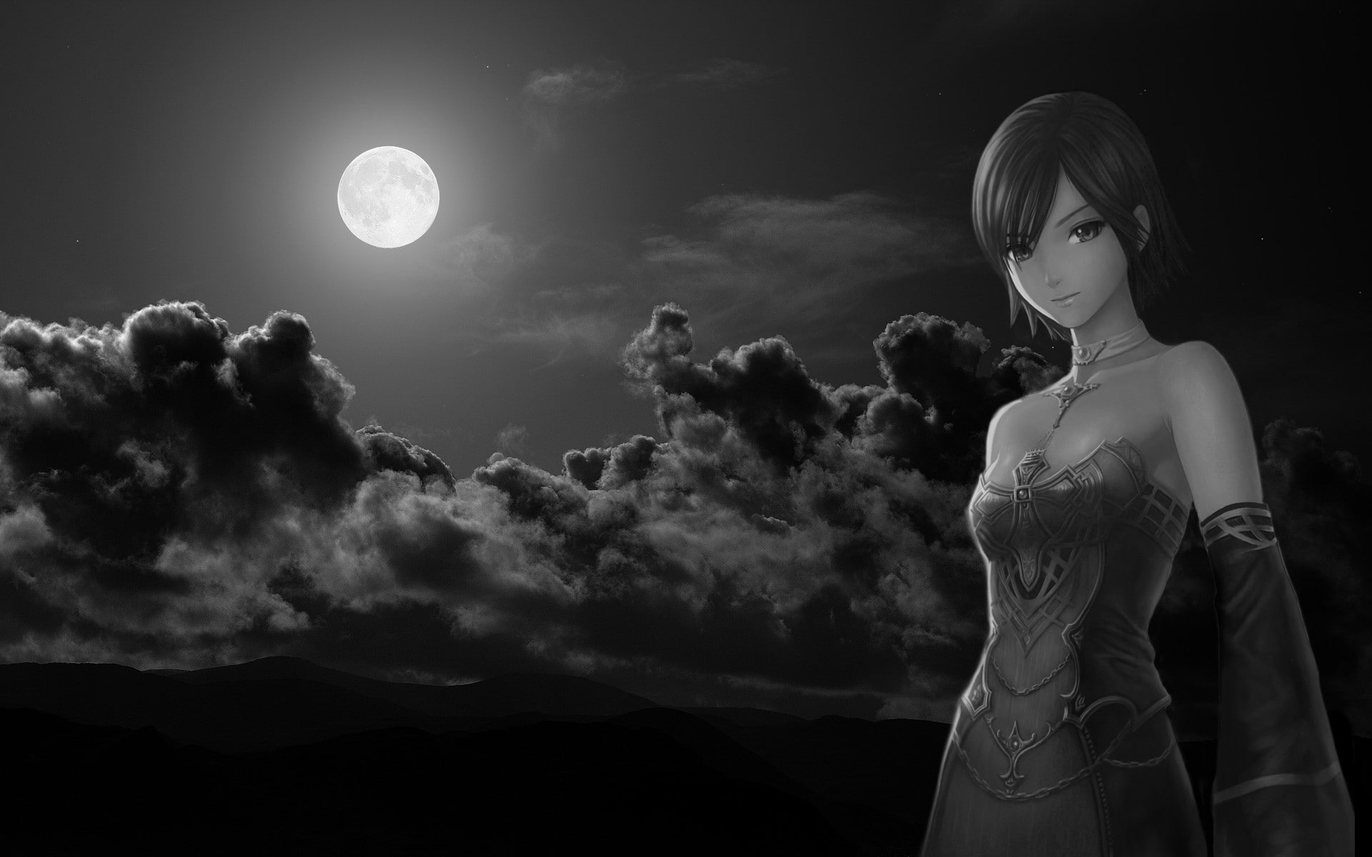 games, art, moon, anime, night, 1080P, video, black, Video Games, clouds, black and white, white, x, space, moons, girls, hd, HD Wallpaper