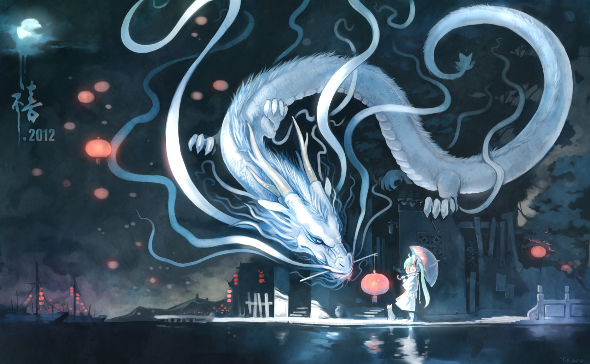 hatsune, twintails, chibi, 1080P, dragons, night, headphones, space, moon, city, hd, sca, lanterns, umbrellas, art, moons, boat, miku, vocaloid, HD Wallpaper