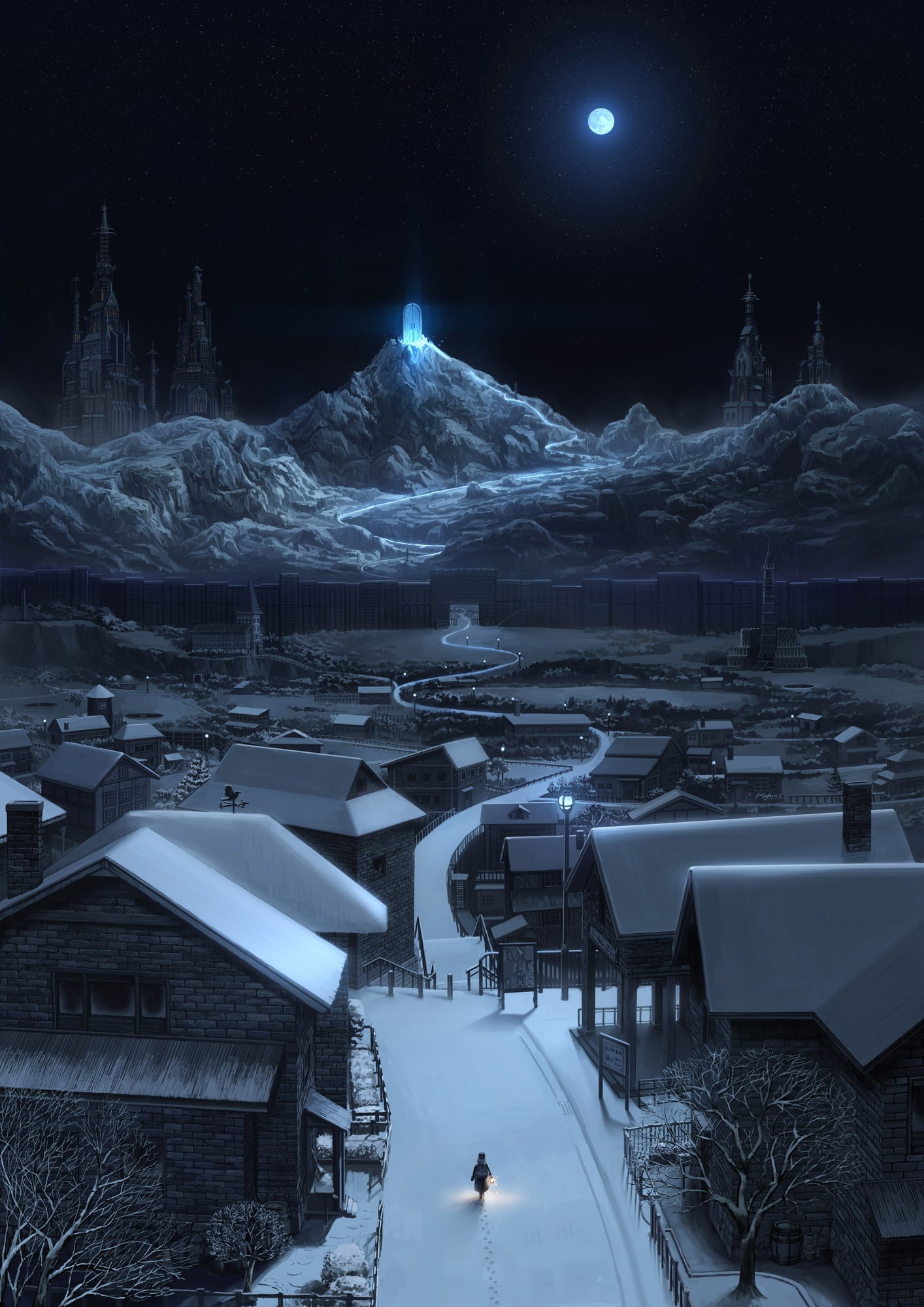 hd, original, Winter, stars, lanterns, space, Landscapes, x, tower, 1080P, roads, snow, art, moons, night, scenic, moon, skyscapes, Phone HD Wallpaper