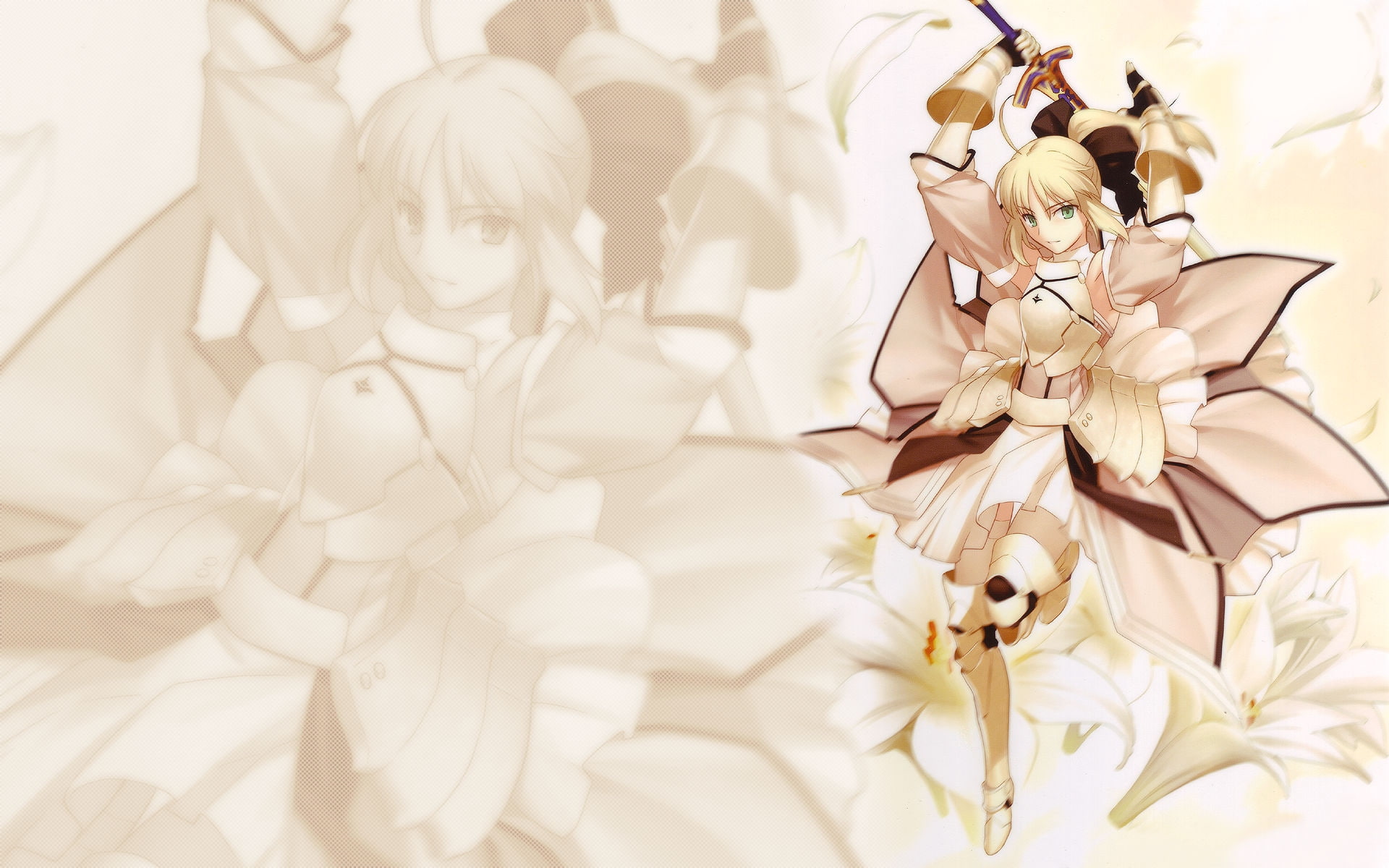 green, typemoon, codes, 1080P, space, l, fate, girls, moons, blondes, saber, unlimited, eyes, art, fatestay, night, anime, Fate/stay Night, weapons, hd, HD Wallpaper