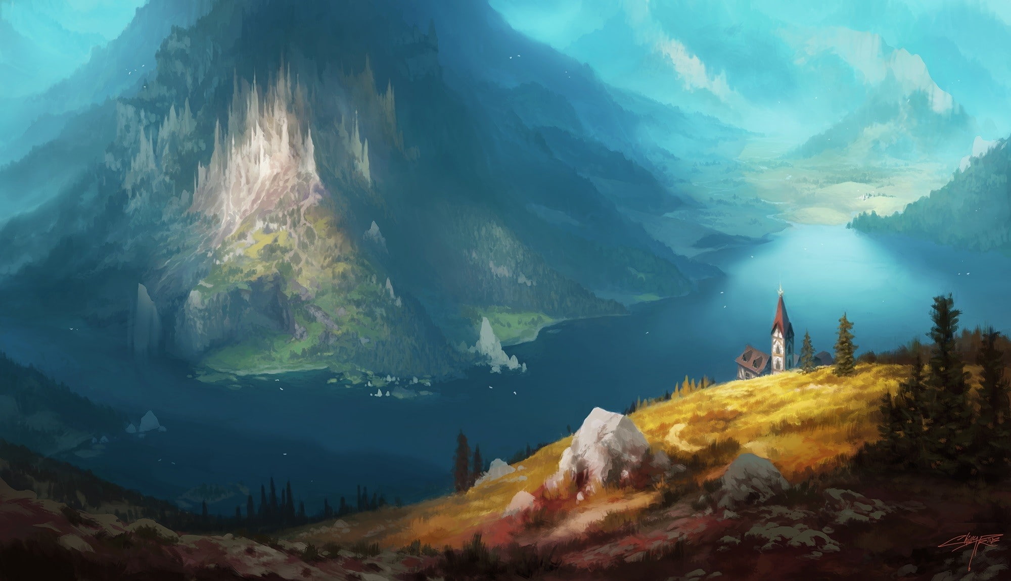 rock, forest, hills, trees, signatures, mountains, church, painting, 1080P, drawing, lake, artwork, fantasy art, nature, HD Wallpaper