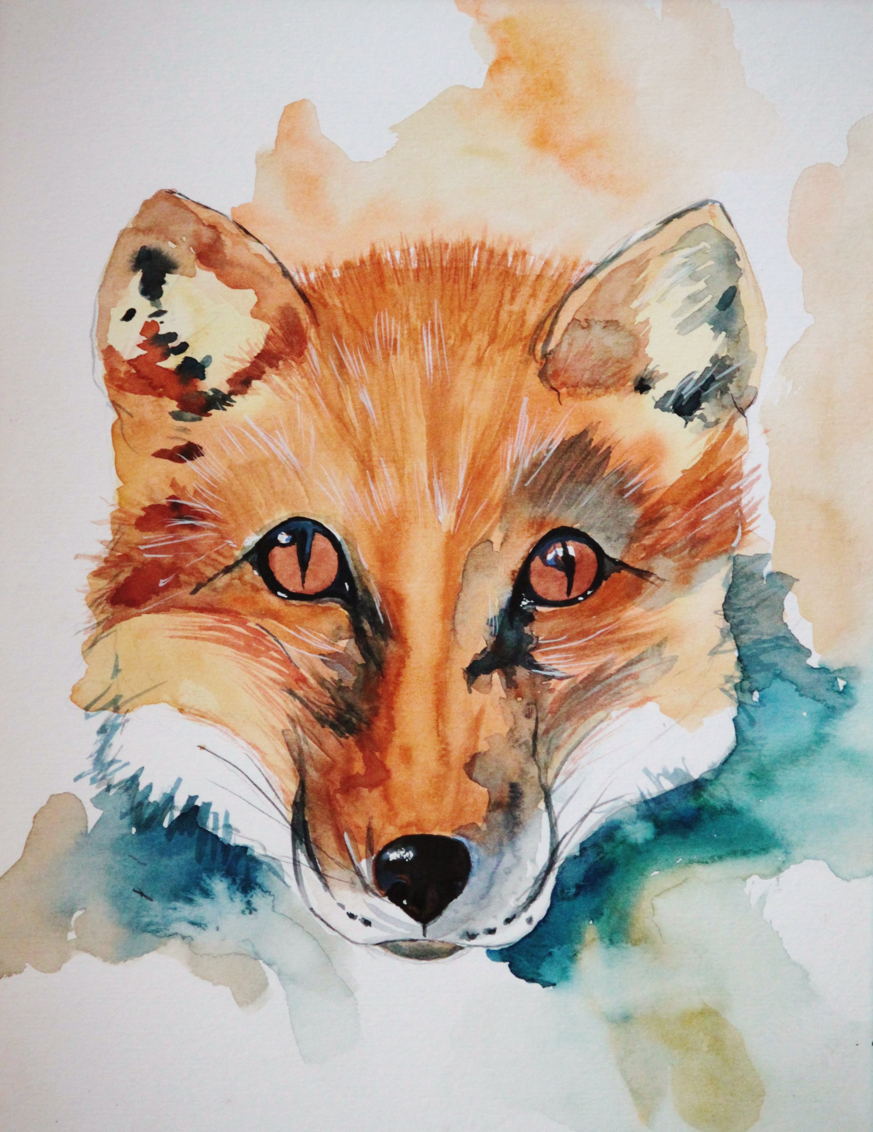fauna, brown, fox, no people, 2K, looking at camera, drawing, indoors, watercolour painting, feline, high angle view, pattern, fuchs, representation, multi colored, Phone HD Wallpaper