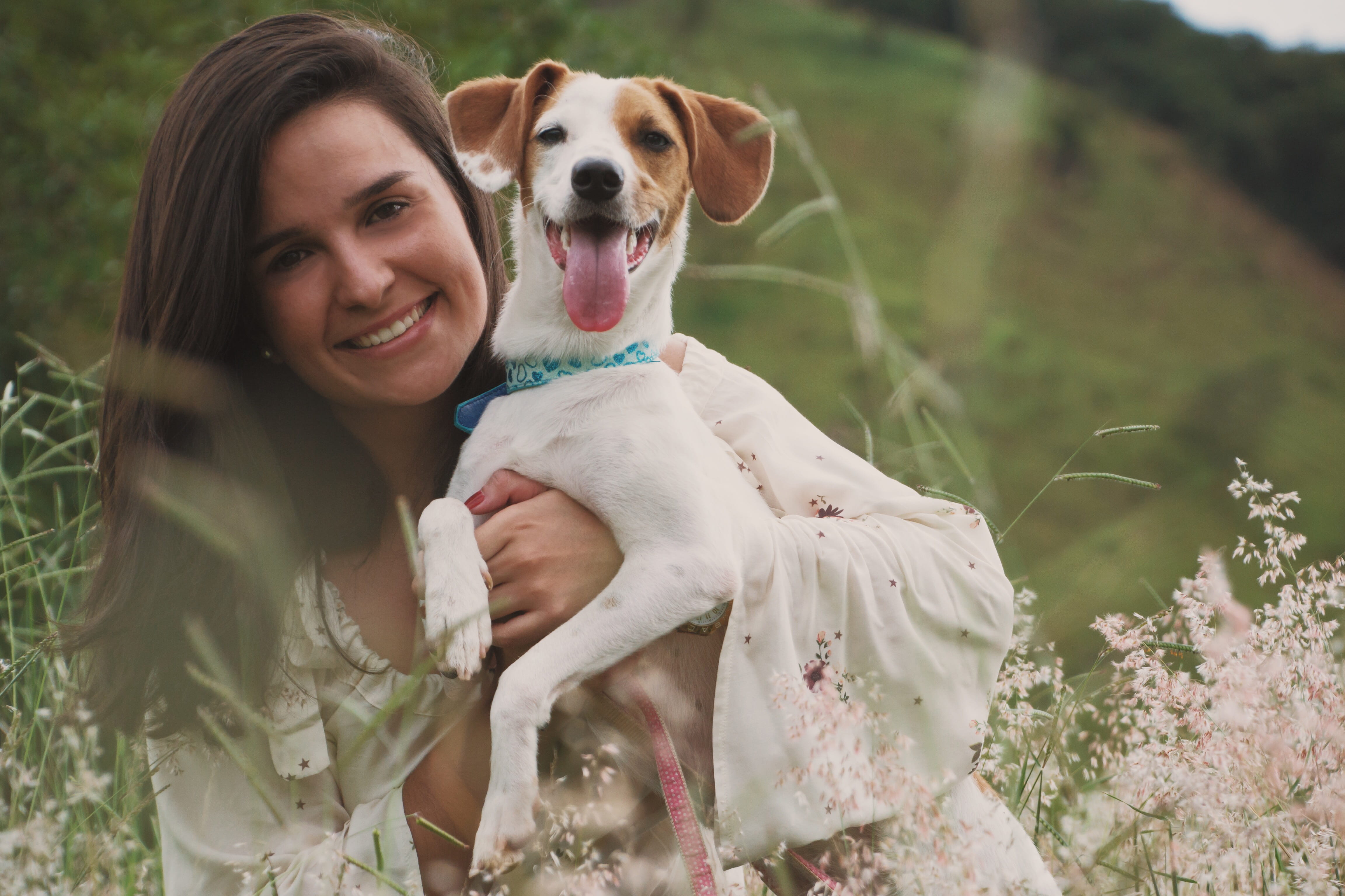 snout, person, canine, smile, blur, women, happiness, looking at camera, domestic animal, plant, woman, adult, vertebrate, purebred, domestic, cute, fur, HD Wallpaper