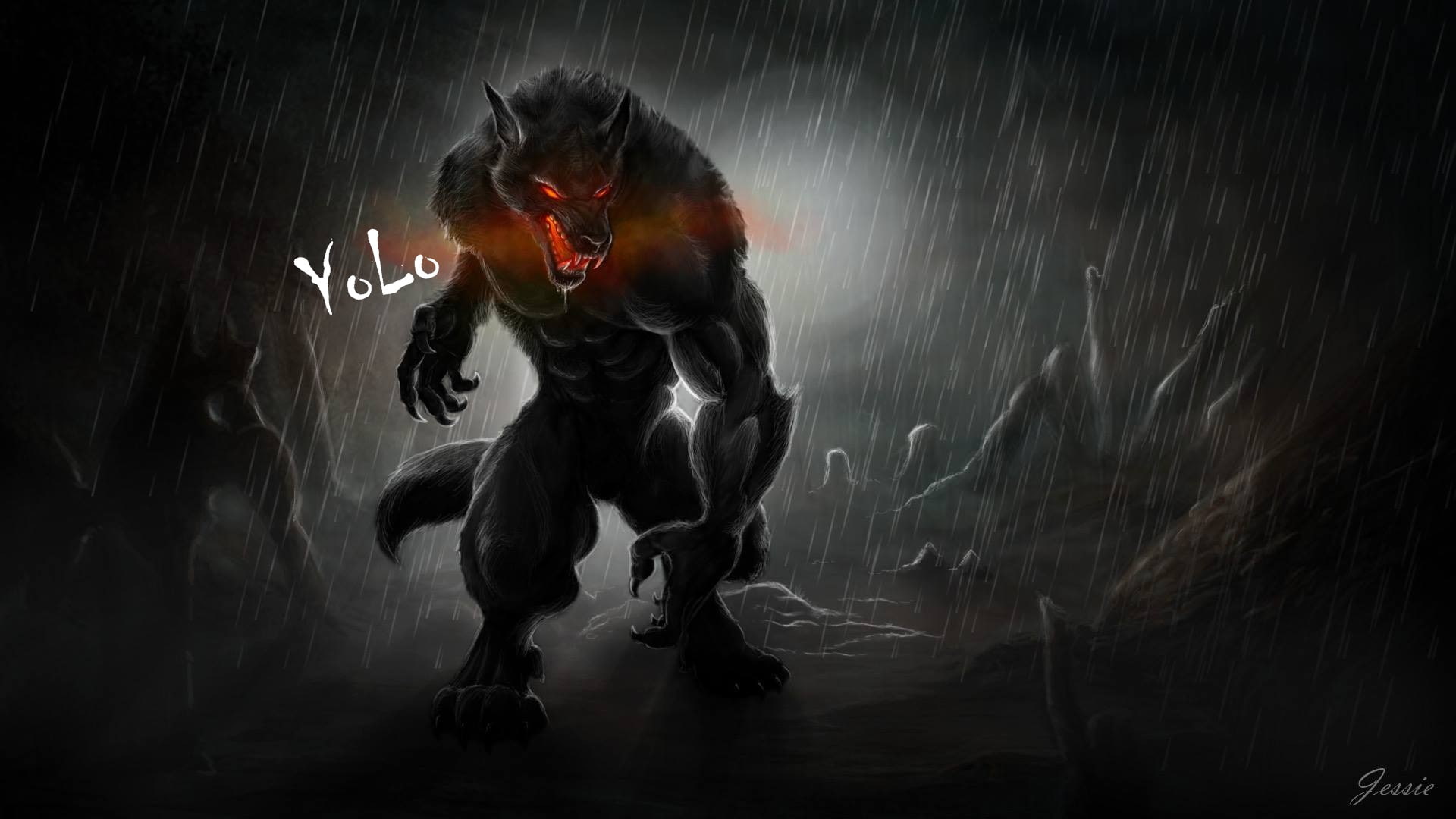red eyes, red, creature, wolf, fantasy art, 1080P, HD Wallpaper