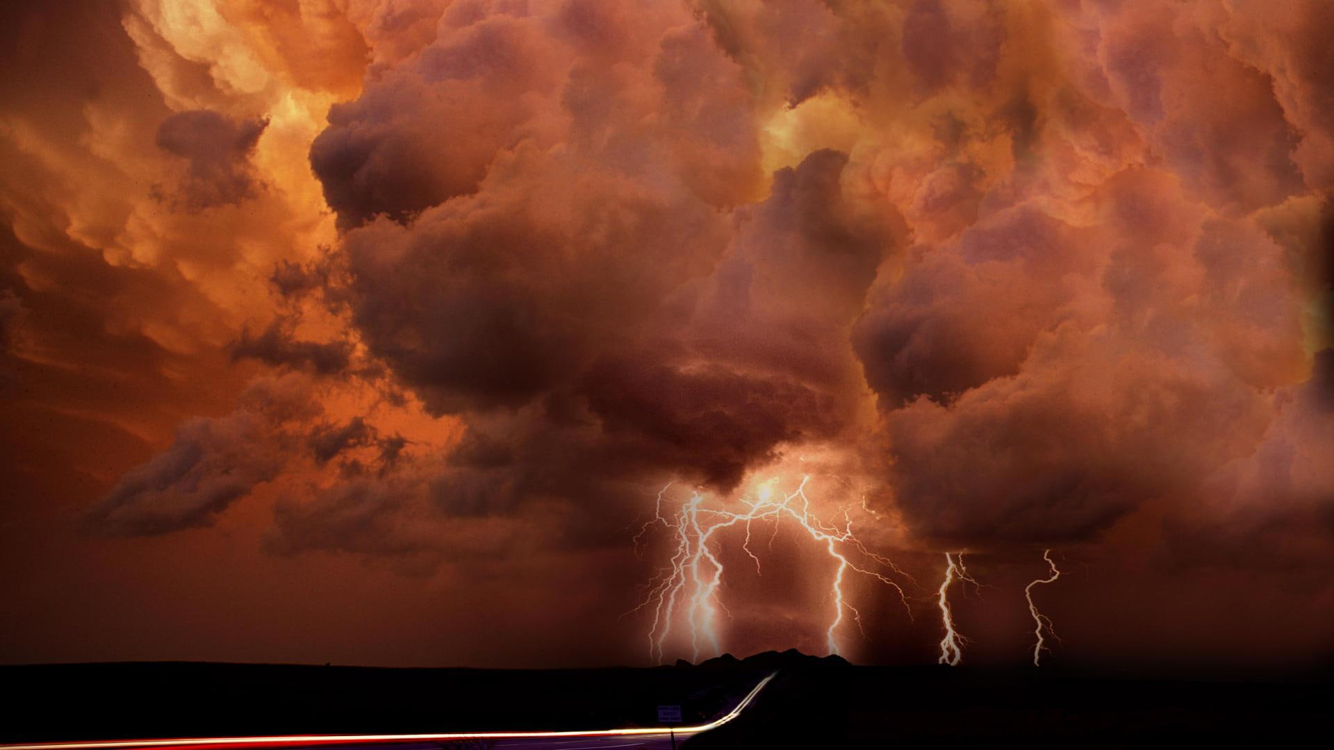 nature and landscapes, lights, fierce, fiery, clouds, 1080P, skies, lightning, storm, HD Wallpaper