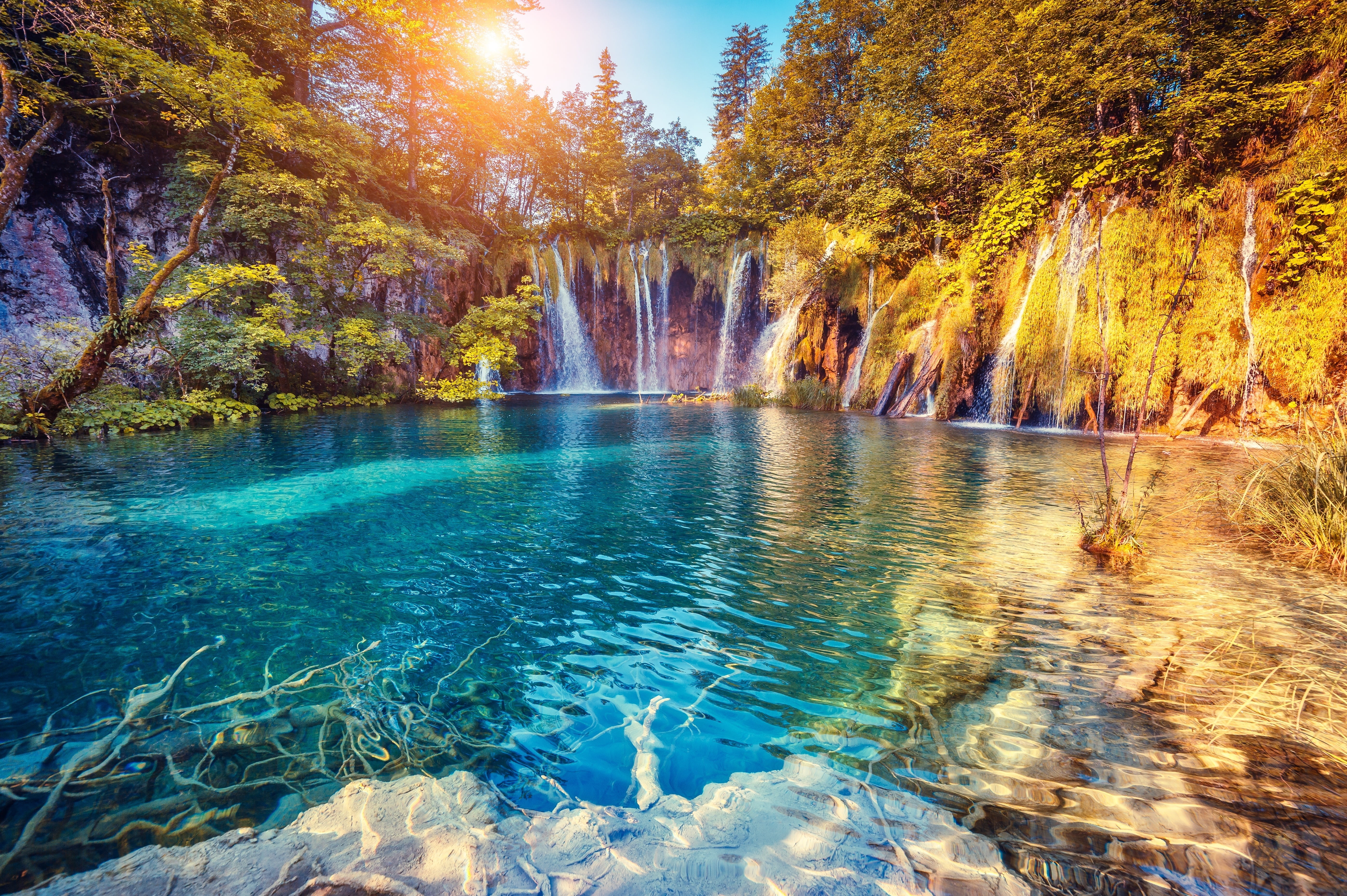flowing water, trees, season, scenics - nature, sky, water, no People, outdoors, woodland, colors, red, travel, tree, yellow, color Image, change, tranquil Scene, HD Wallpaper