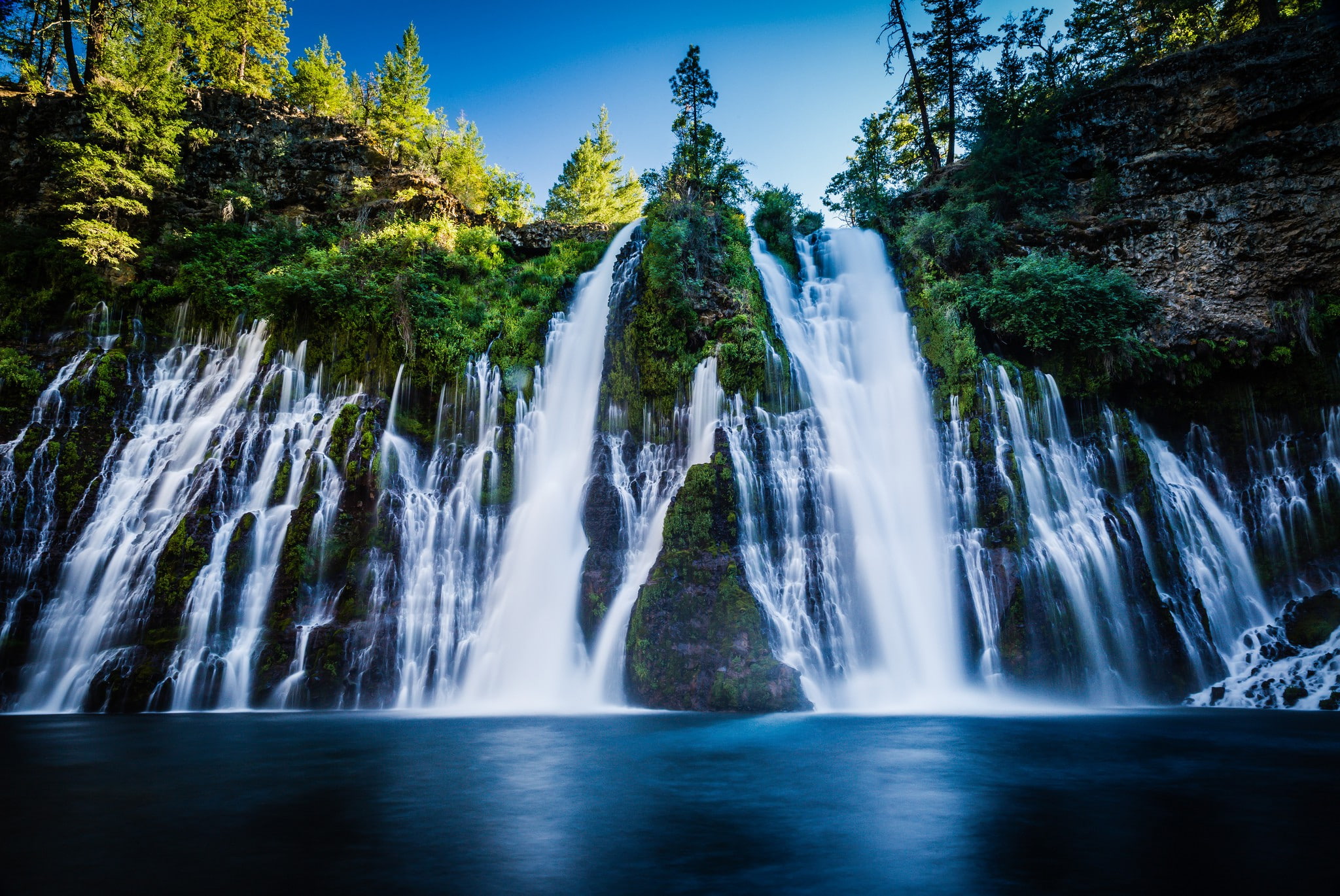 sky, waterfall, 1080P, Precipice, stream, Autumn, rock, trees, Lake, HD Wallpaper