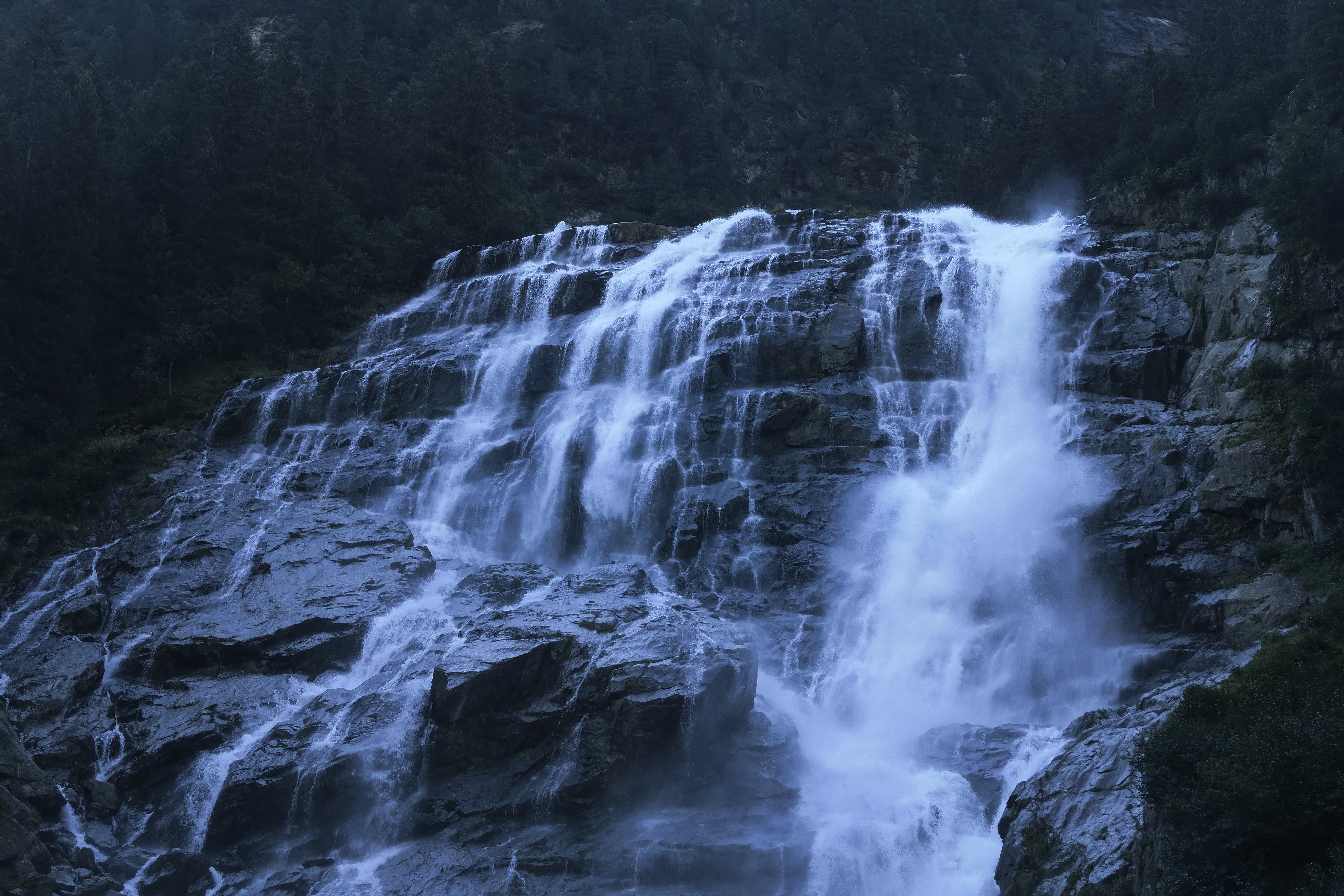 land, freshness, landscape, outdoors, stream, tree, waterfall, wet, power in nature, blue, blurred motion, falling, flowing Water, water, mountain, rock, HD Wallpaper