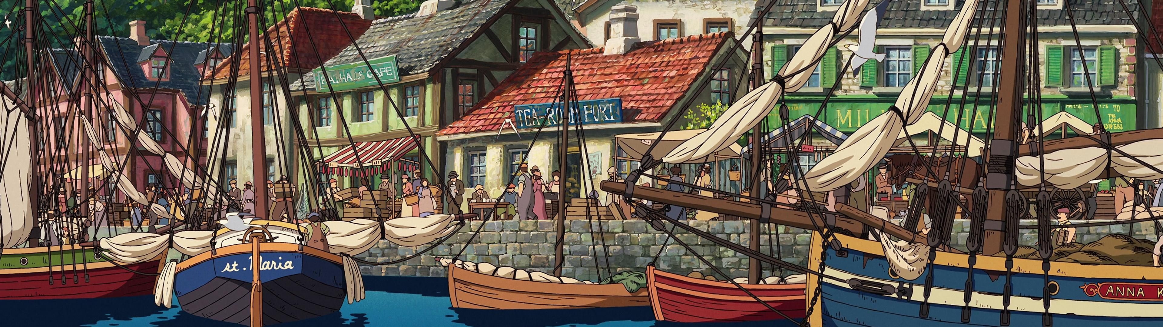 illustration, Dock, 4K, Howls Moving Castle, Multiple Display, Dual Monitors, Studio Ghibli, HD Wallpaper